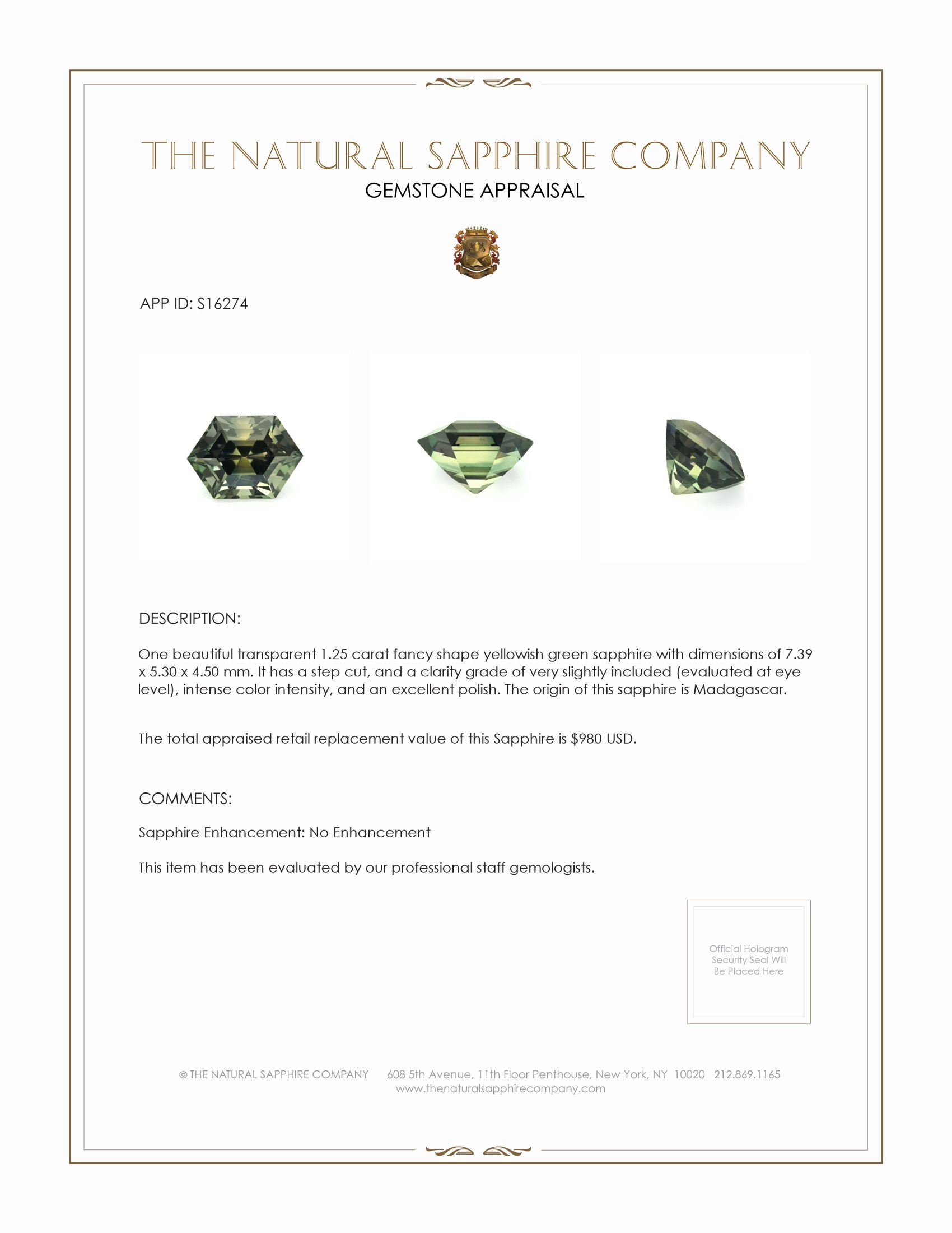 1.25 Ct. Yellowish Green Sapphire from Madagascar