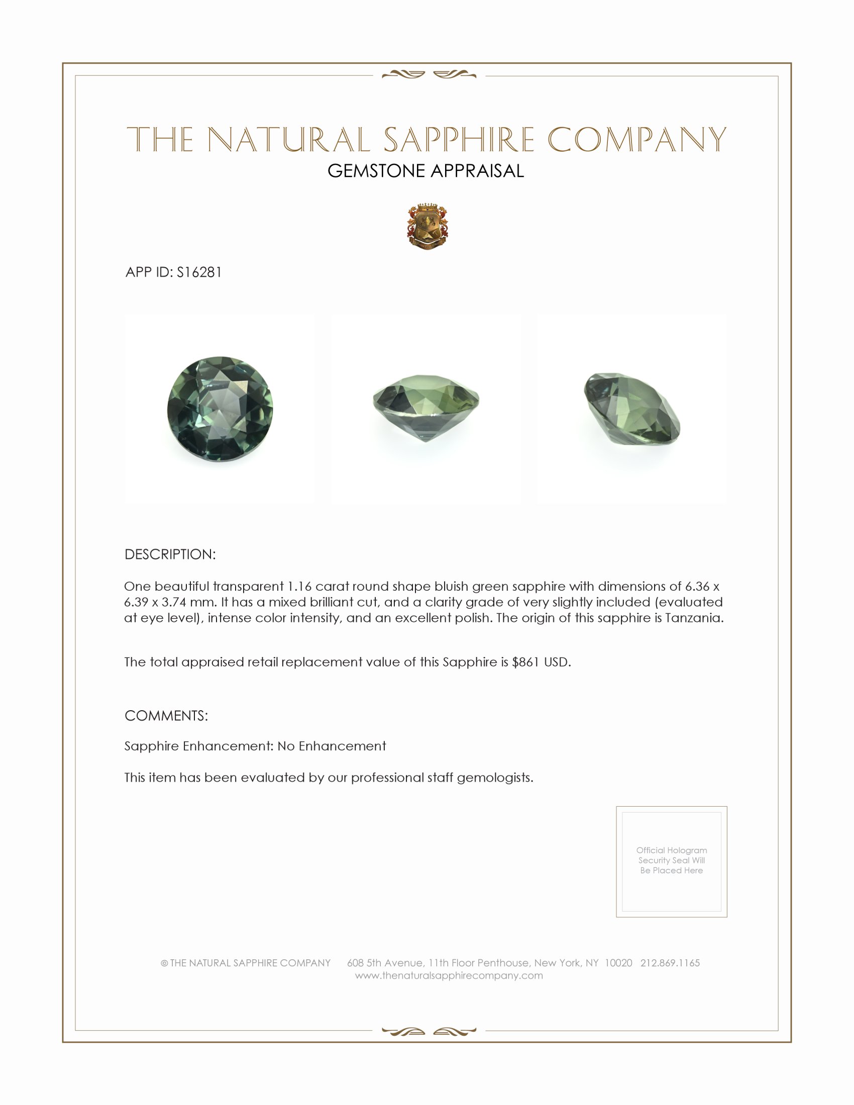1.16 Ct. Bluish Green Sapphire from Tanzania
