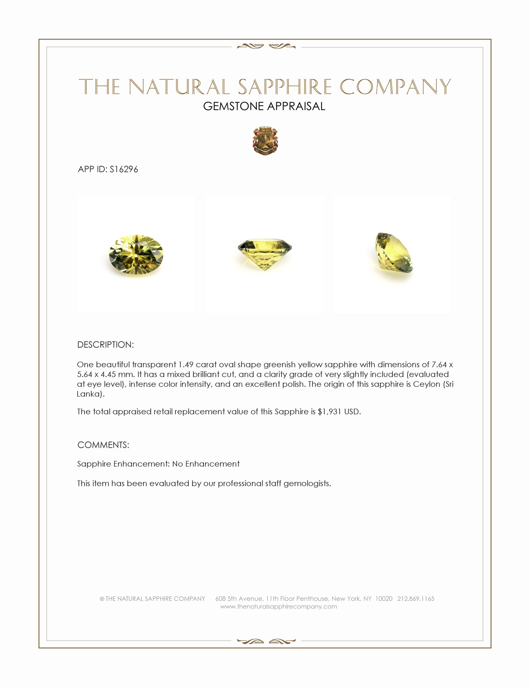 1.49 Ct. Greenish Yellow Sapphire from Ceylon (Sri Lanka)