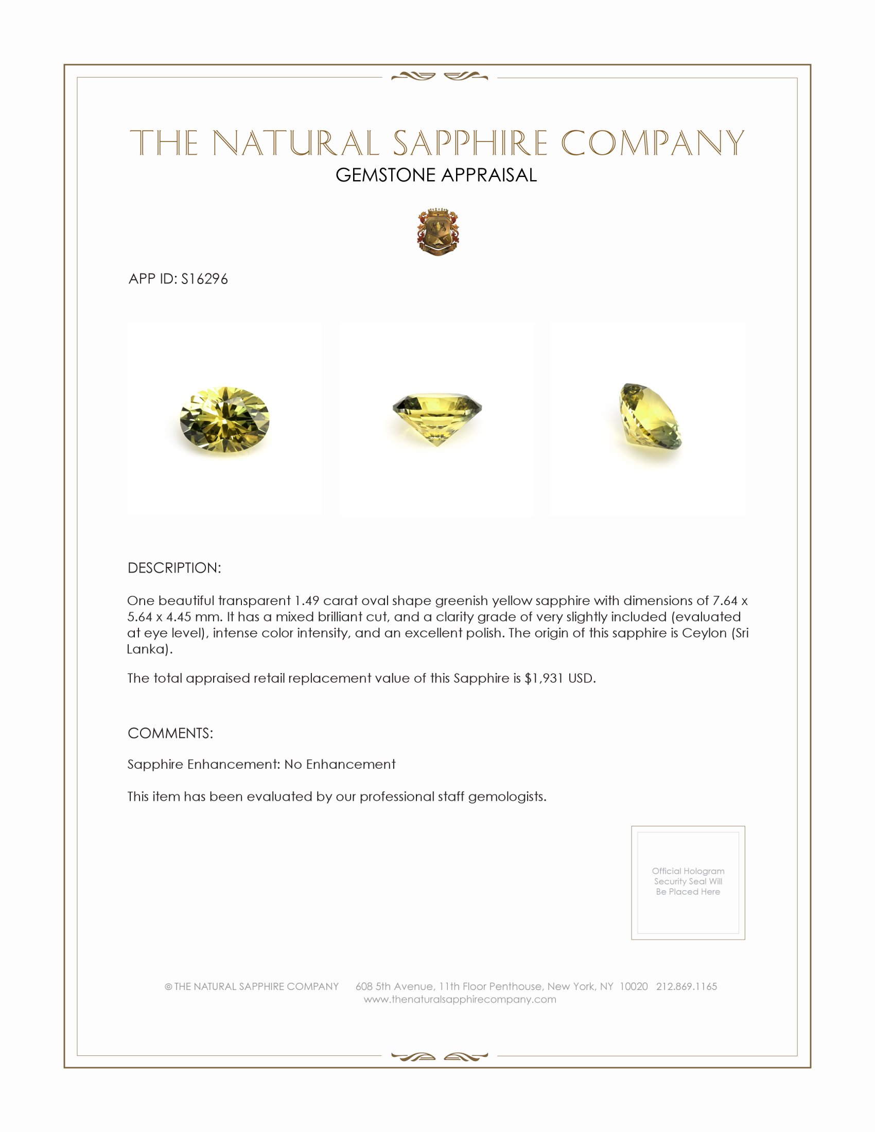 1.49 Ct. Greenish Yellow Sapphire from Ceylon (Sri Lanka)