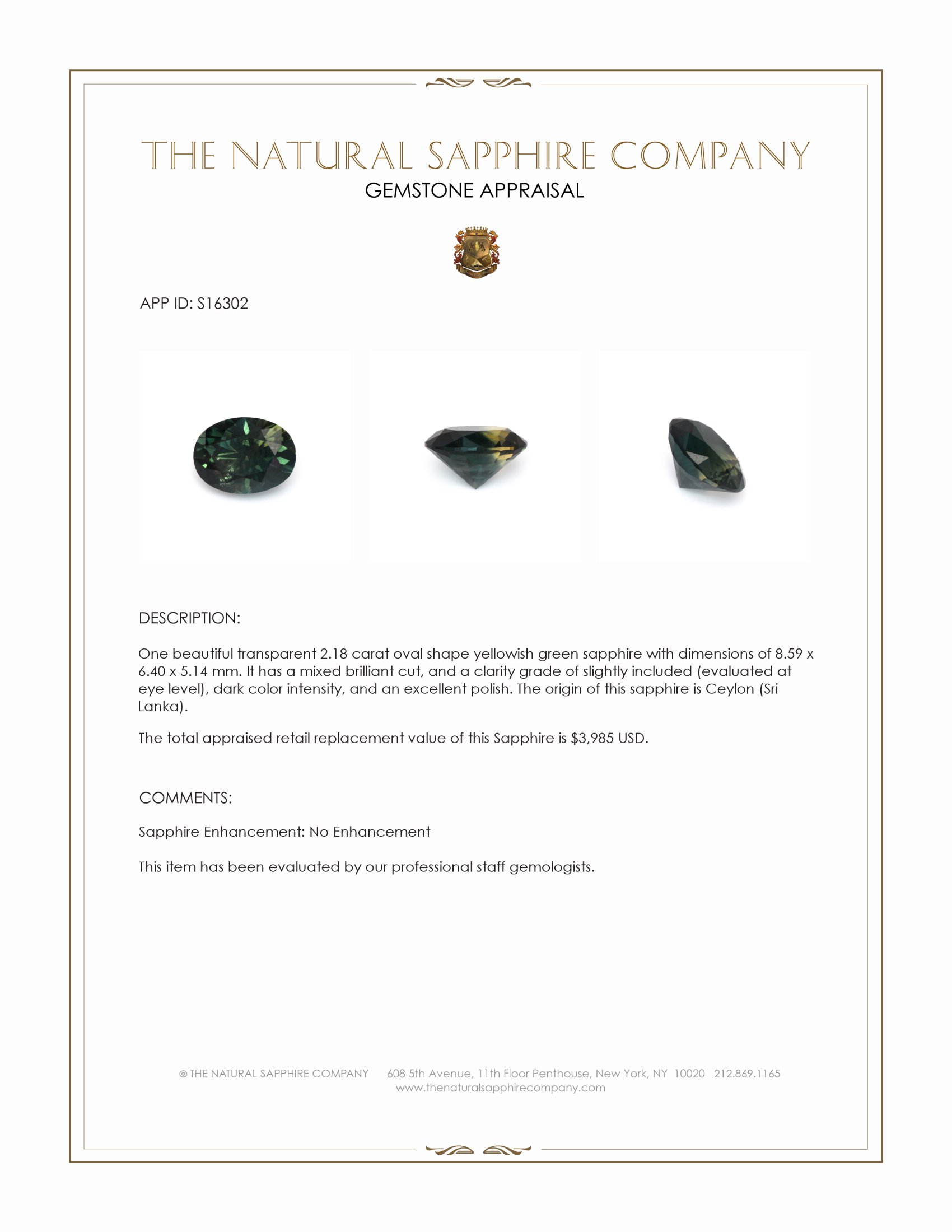 2.18 Ct. Yellowish Green Sapphire from Ceylon (Sri Lanka)
