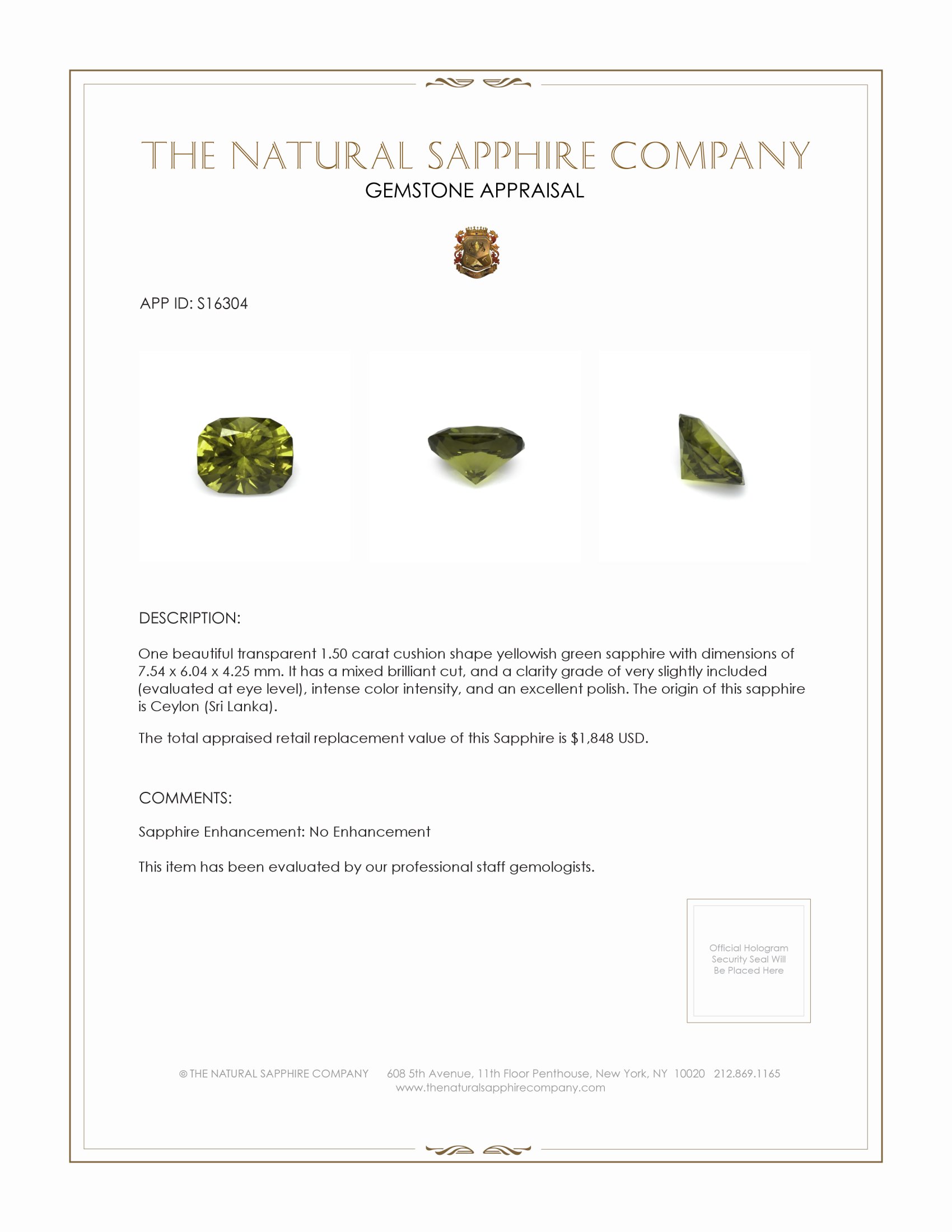 1.50 Ct. Yellowish Green Sapphire from Ceylon (Sri Lanka)