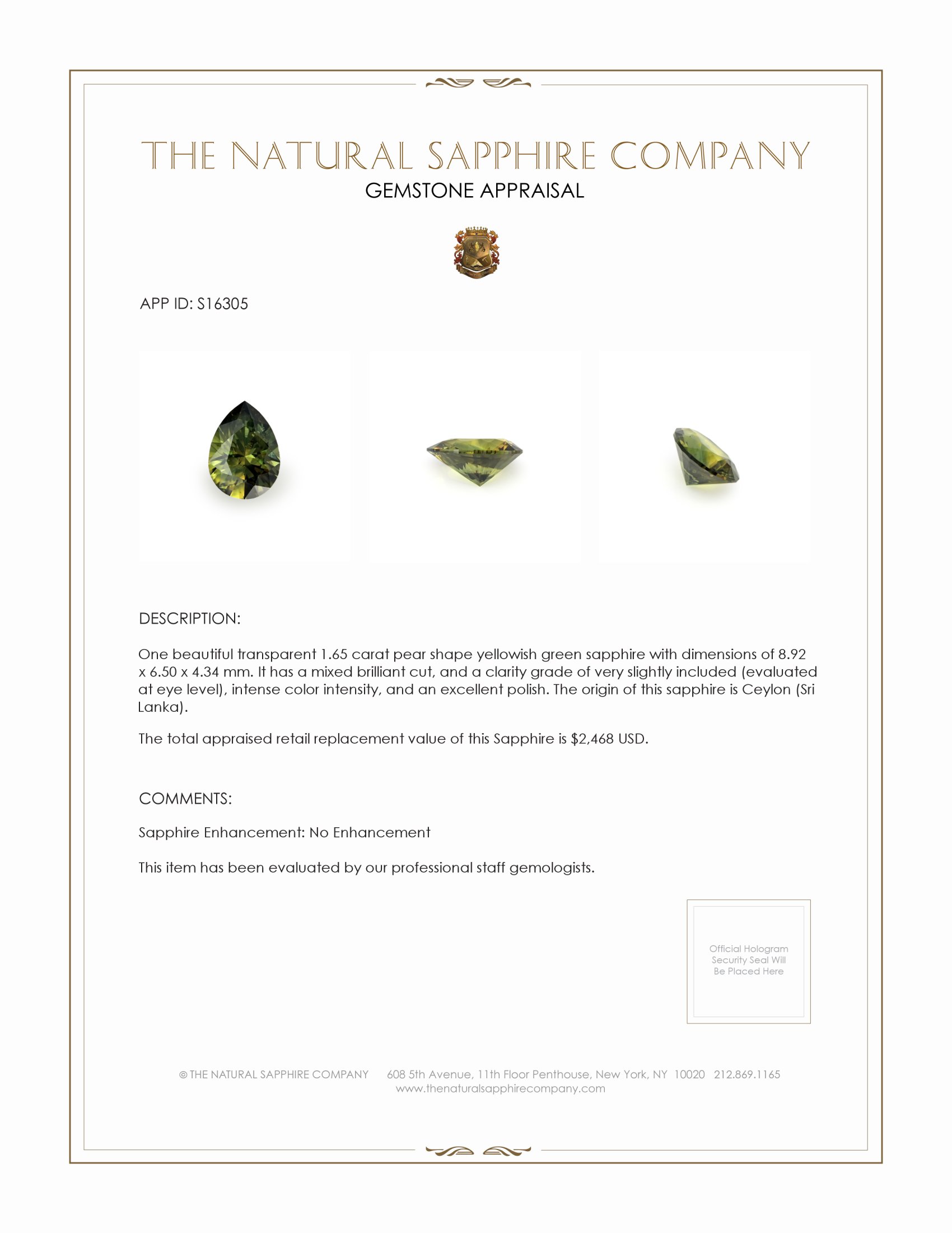 1.65 Ct. Yellowish Green Sapphire from Ceylon (Sri Lanka)