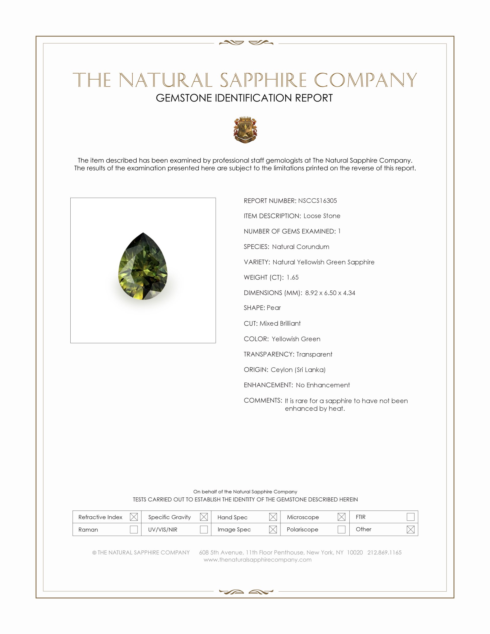 1.65 Ct. Yellowish Green Sapphire from Ceylon (Sri Lanka)