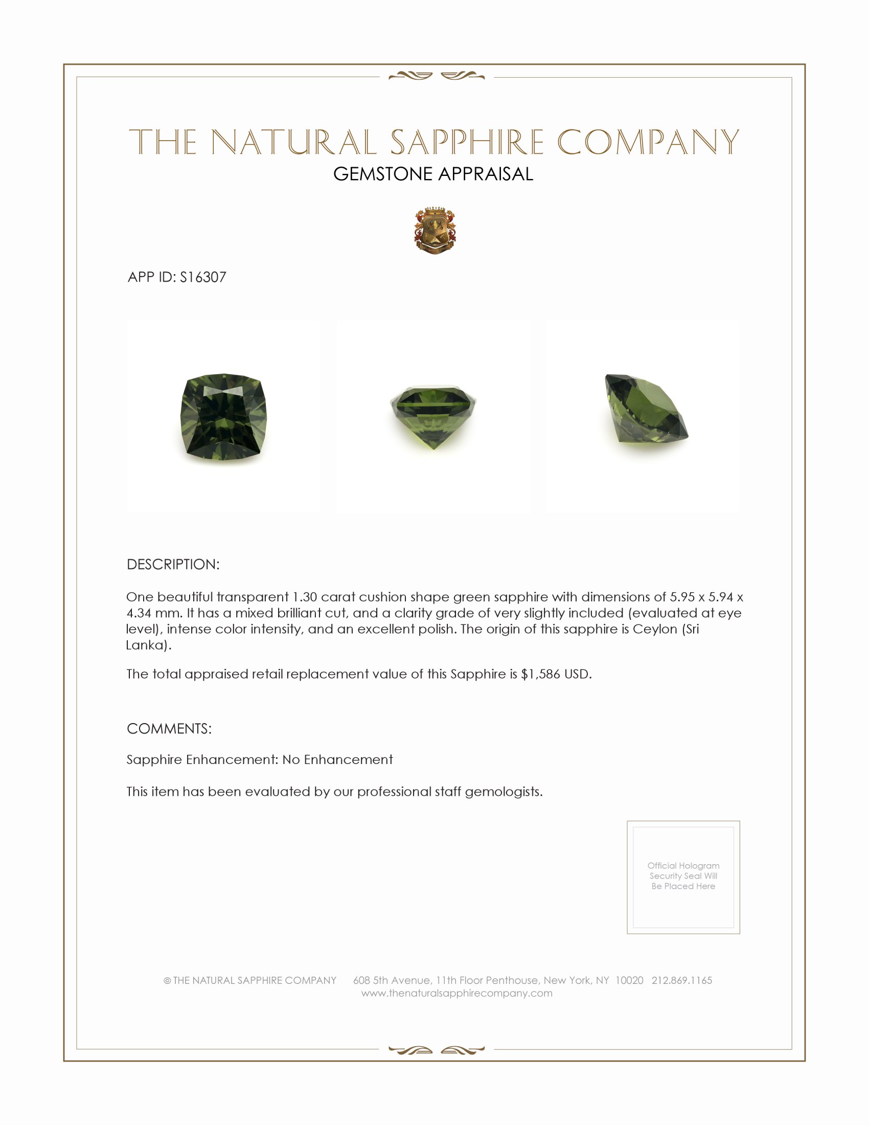 1.30 Ct. Green Sapphire from Ceylon (Sri Lanka)