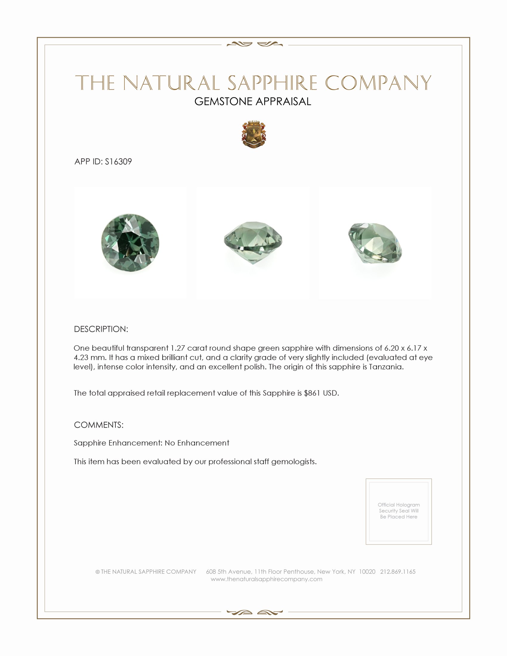1.27 Ct. Green Sapphire from Tanzania
