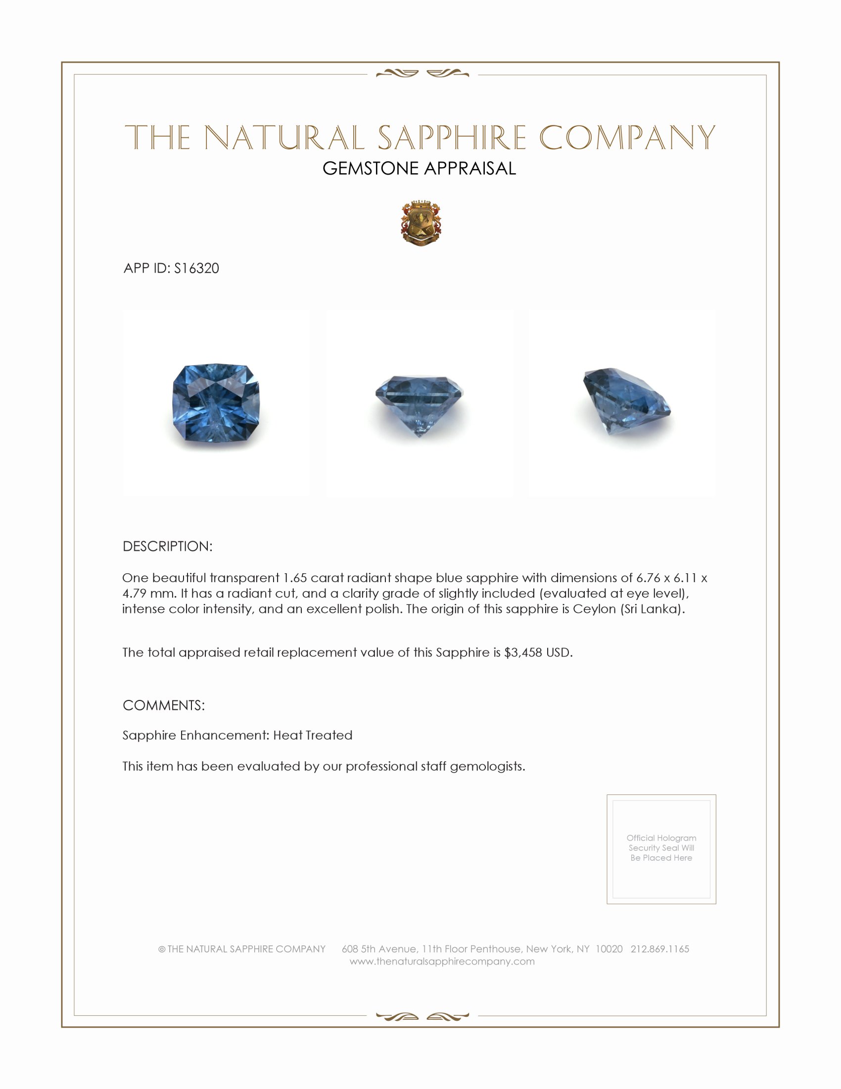1.65 Ct. Blue Sapphire from Ceylon (Sri Lanka)