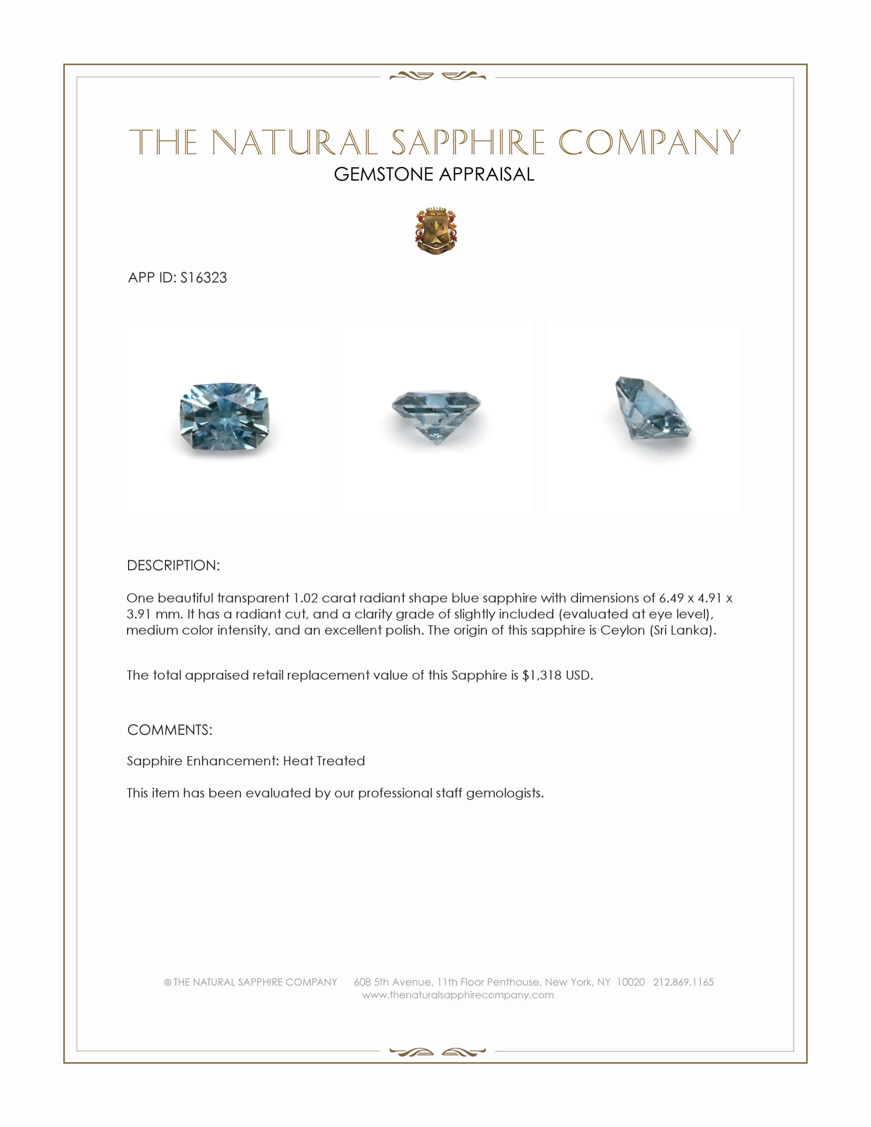 1.02 Ct. Blue Sapphire from Ceylon (Sri Lanka)