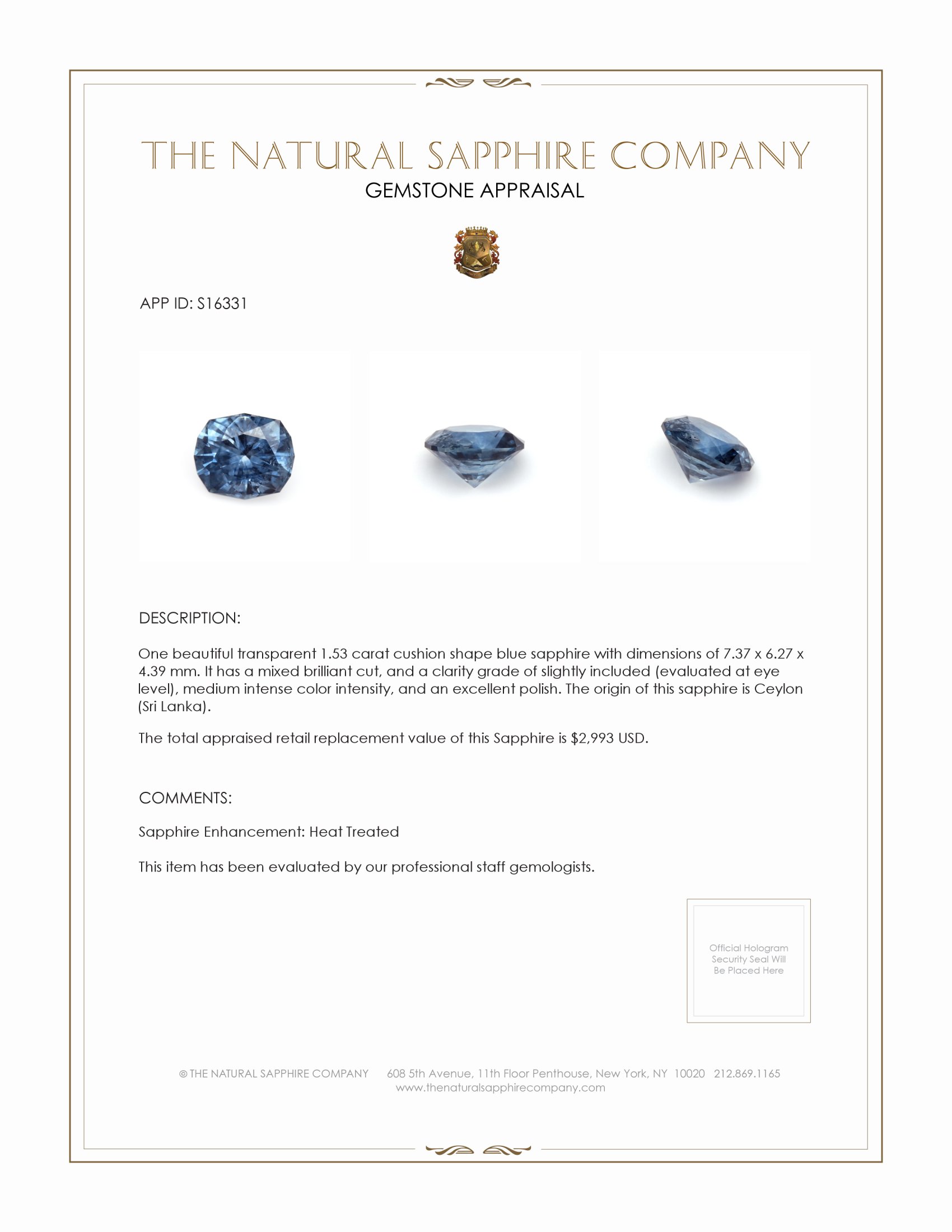 1.53 Ct. Blue Sapphire from Ceylon (Sri Lanka)