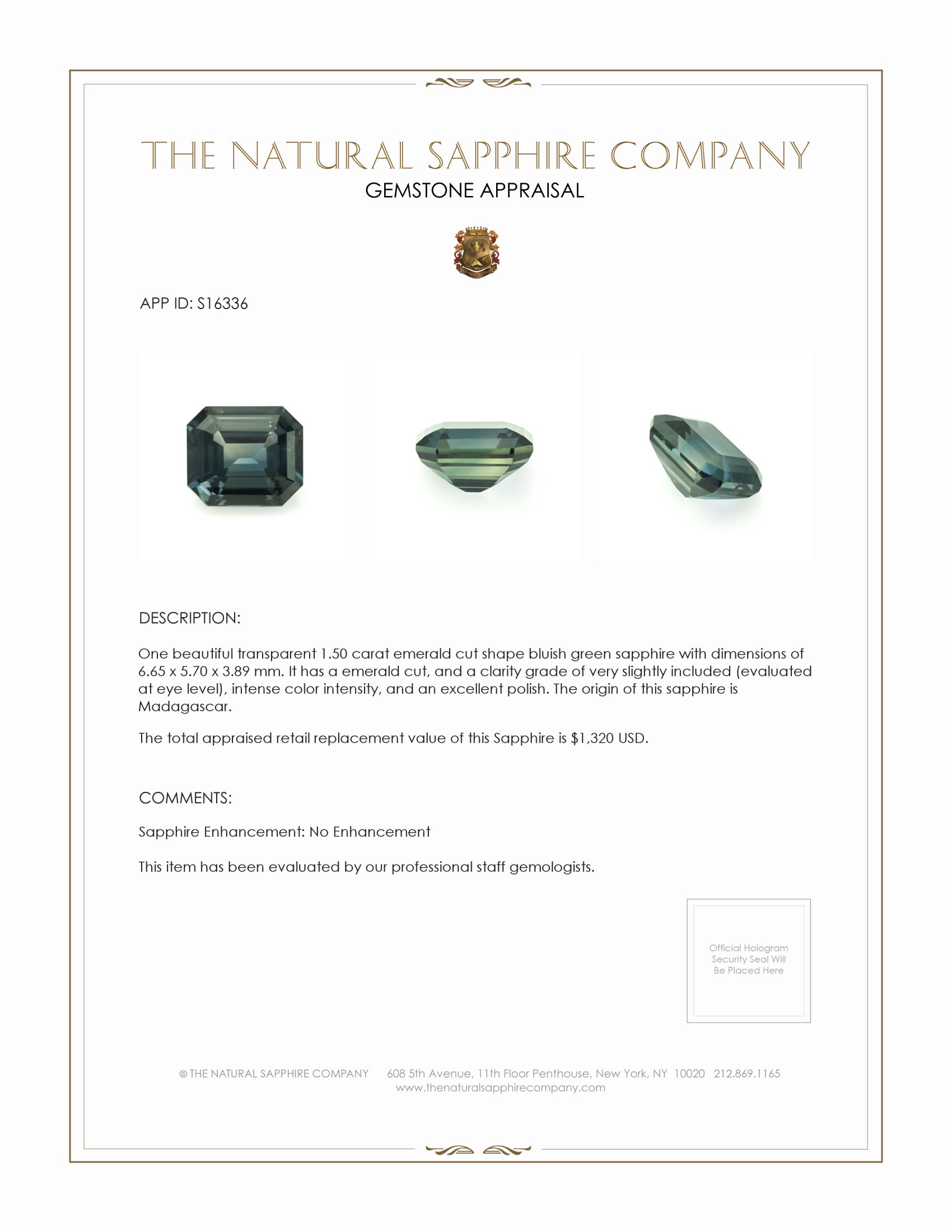 1.50 Ct. Bluish Green Sapphire from Madagascar