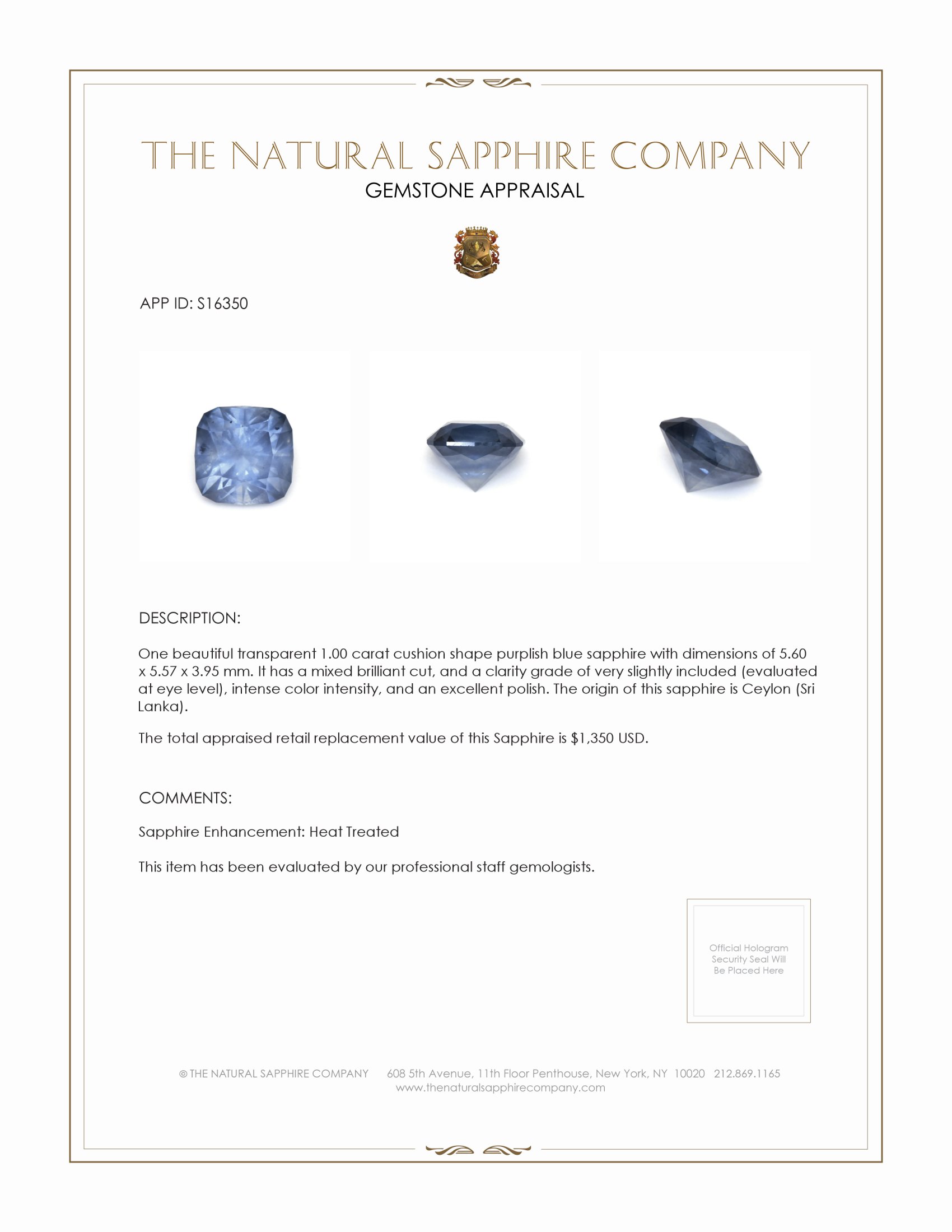 1.00 Ct. Purplish Blue Sapphire from Ceylon (Sri Lanka)