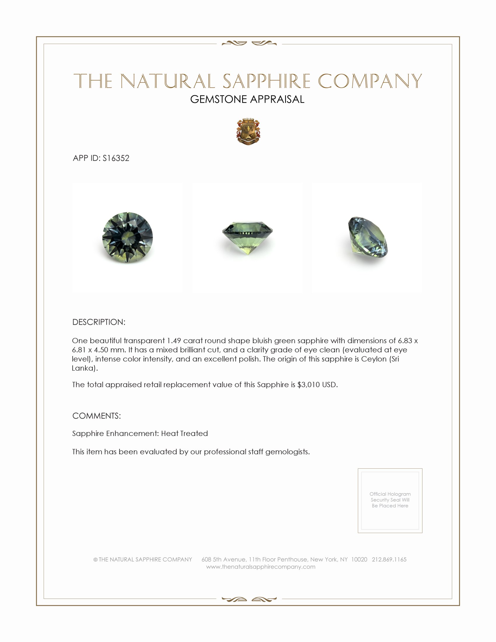 1.49 Ct. Bluish Green Sapphire from Ceylon (Sri Lanka)