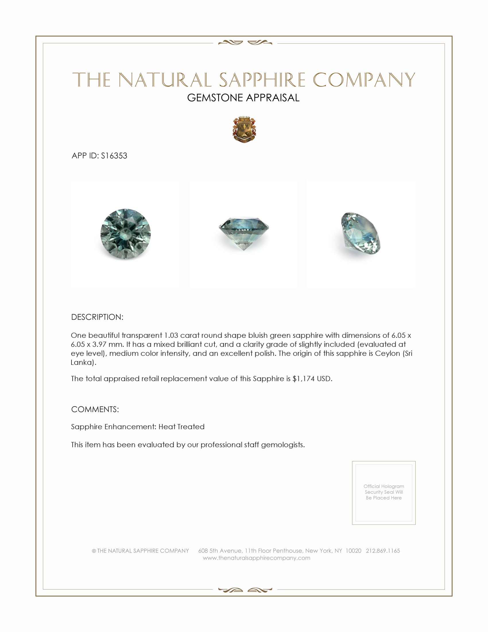 1.03 Ct. Bluish Green Sapphire from Ceylon (Sri Lanka)