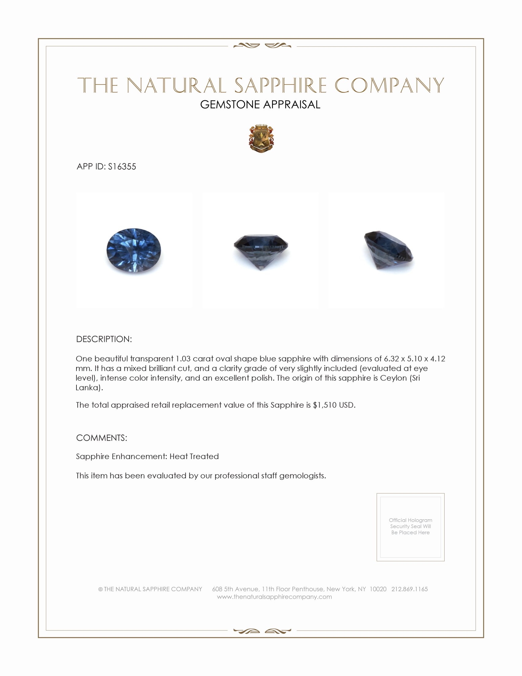 1.03 Ct. Blue Sapphire from Ceylon (Sri Lanka)