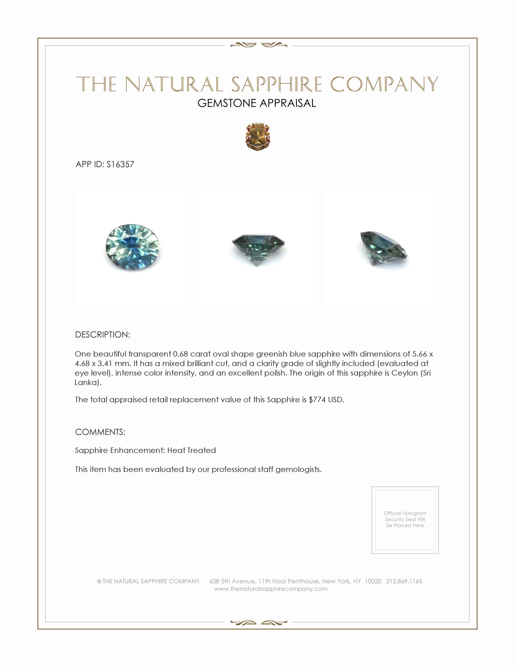 0.68 Ct. Greenish Blue Sapphire from Ceylon (Sri Lanka)