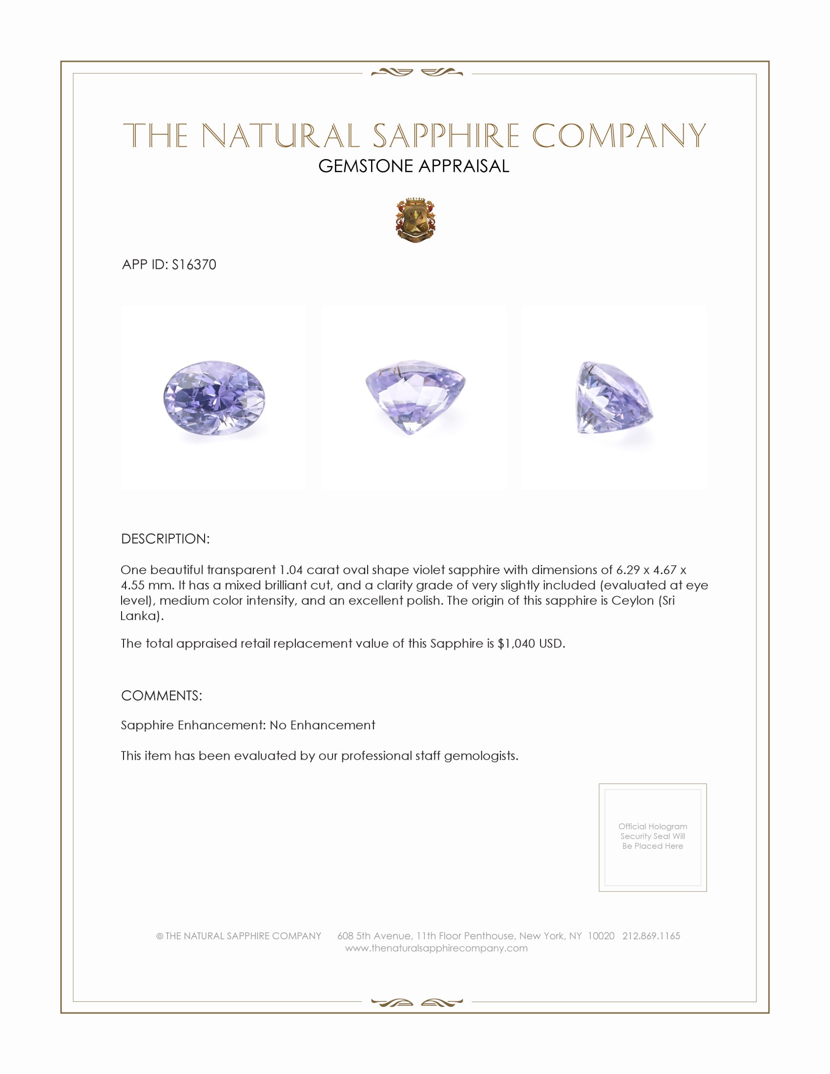 1.04 Ct. Violet Sapphire from Ceylon (Sri Lanka)