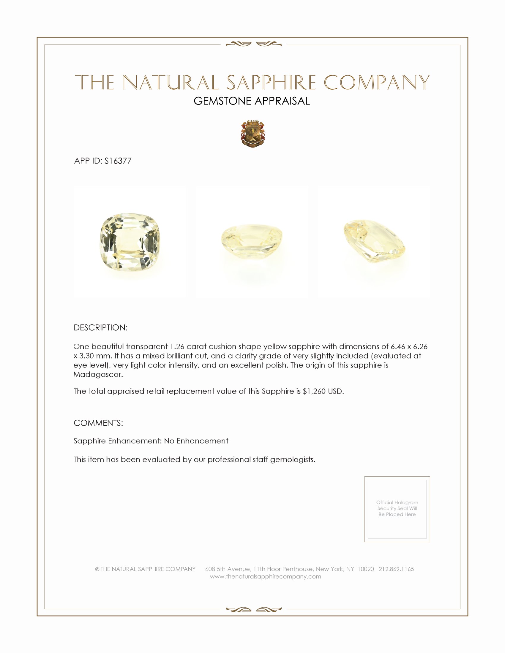 1.26 Ct. Yellow Sapphire from Madagascar