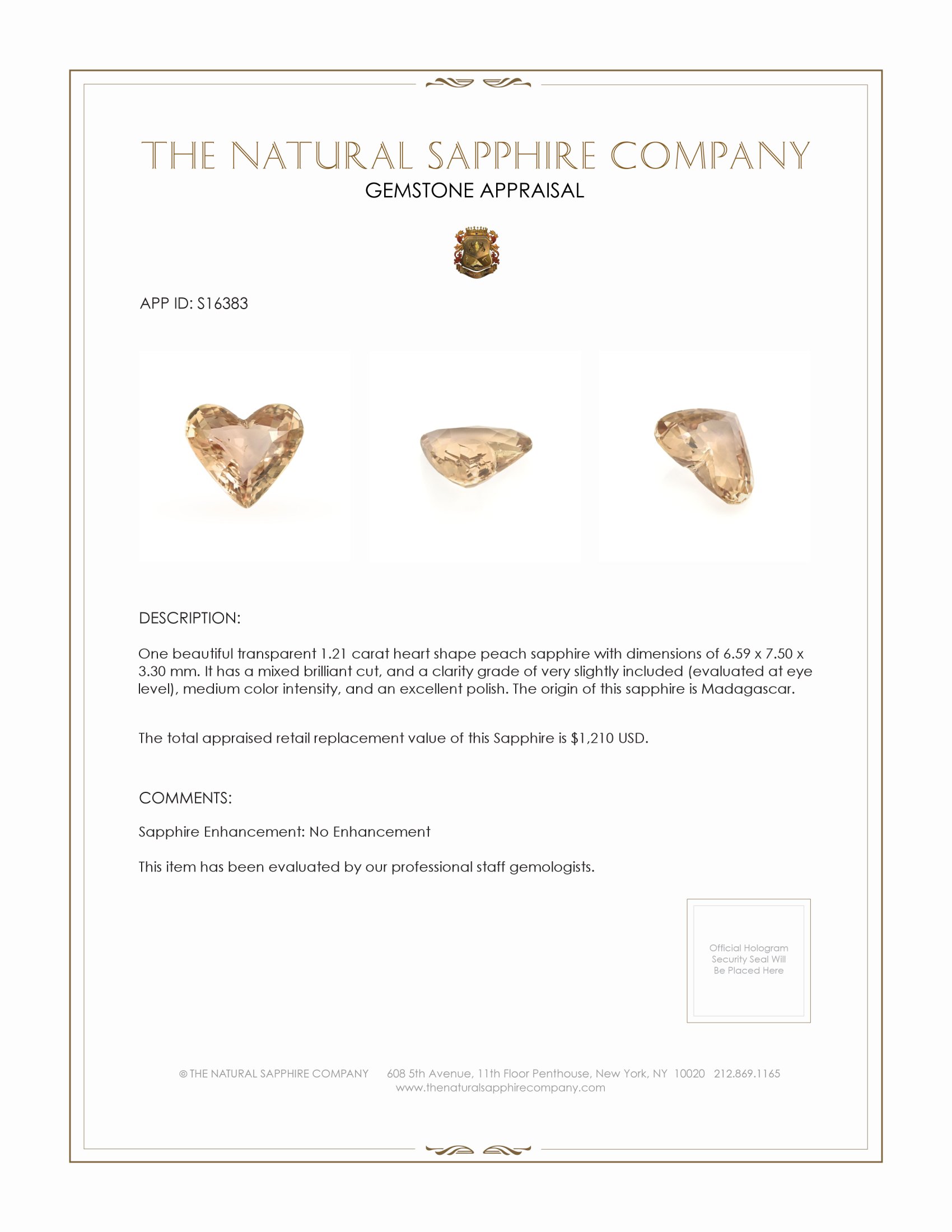 1.21 Ct. Peach Sapphire from Madagascar