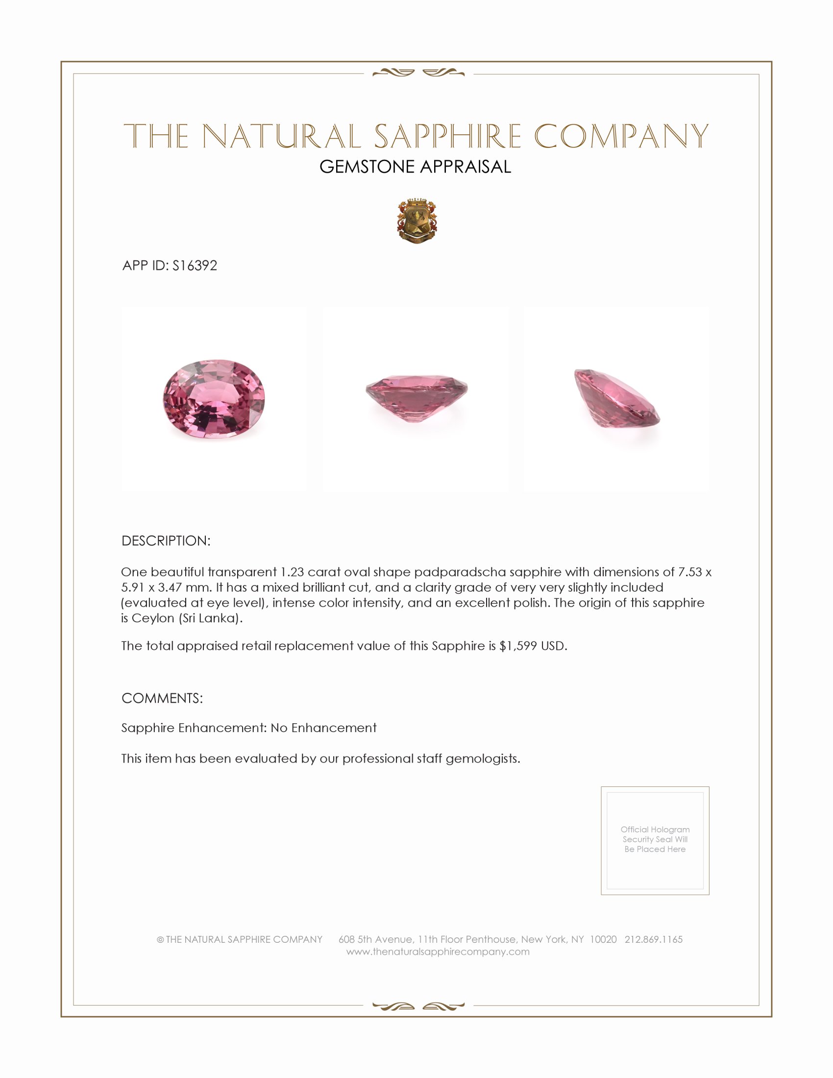 1.23 Ct. Padparadscha Sapphire from Ceylon (Sri Lanka)