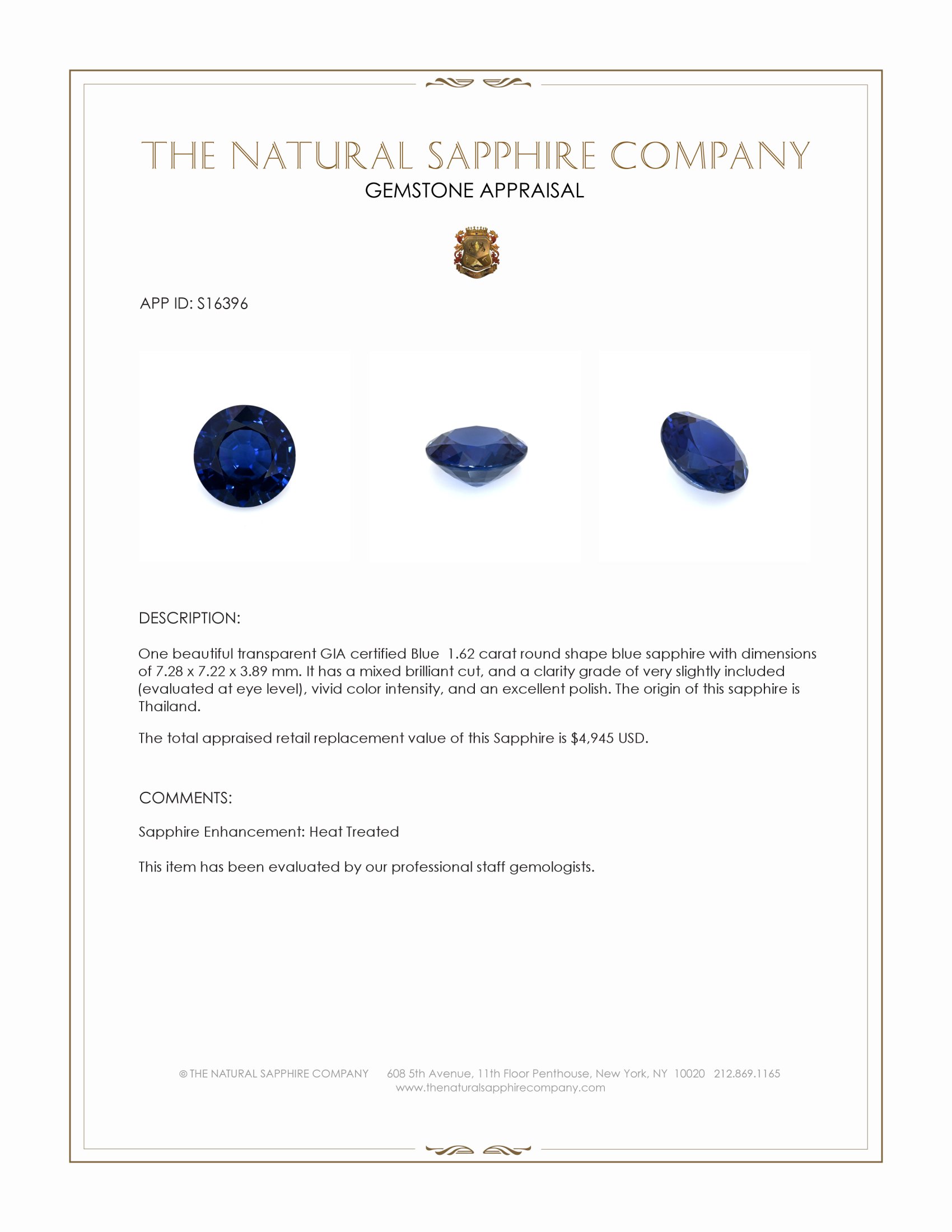 1.62 Ct. Blue Sapphire from Thailand