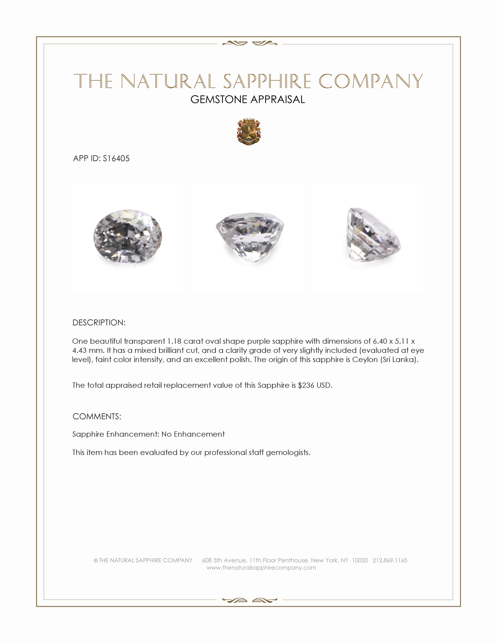 1.18 Ct. Purple Sapphire from Ceylon (Sri Lanka)