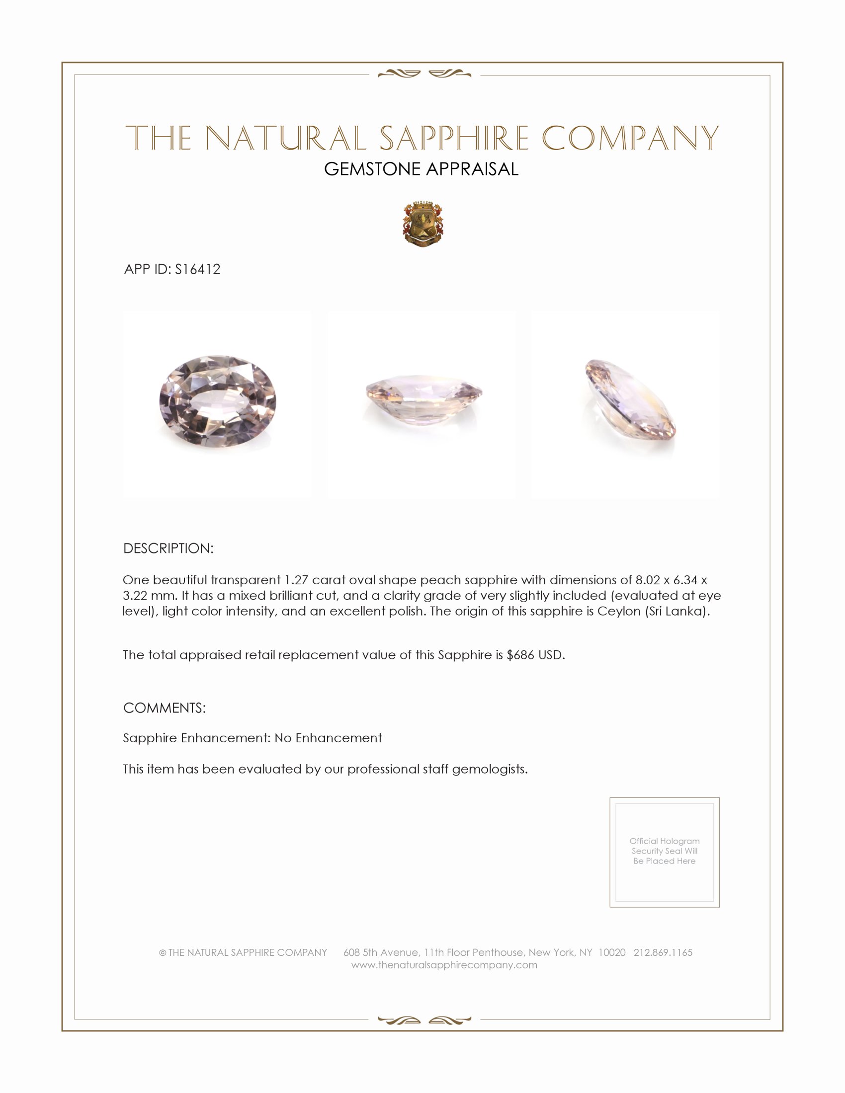 1.27 Ct. Peach Sapphire from Ceylon (Sri Lanka)