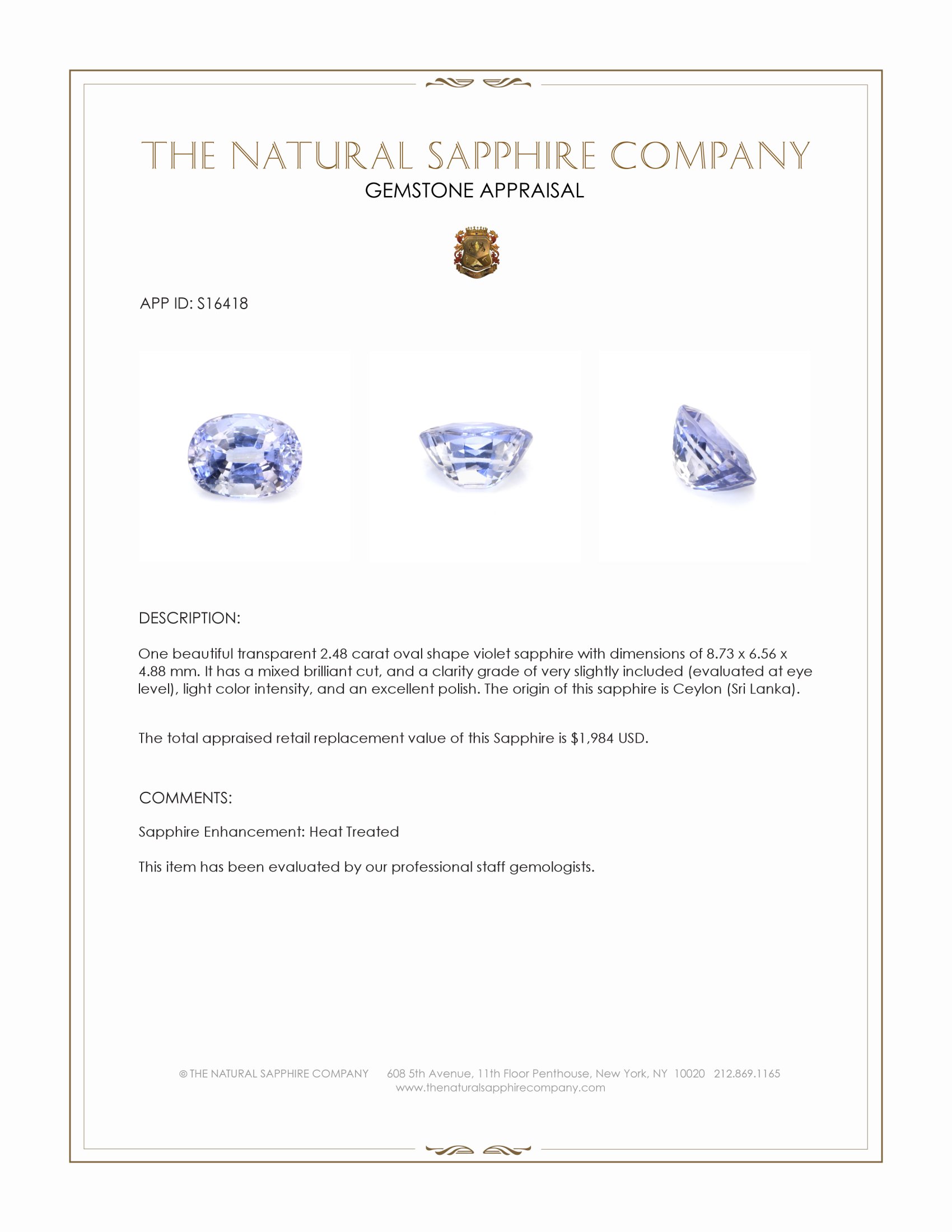 2.48 Ct. Violet Sapphire from Ceylon (Sri Lanka)