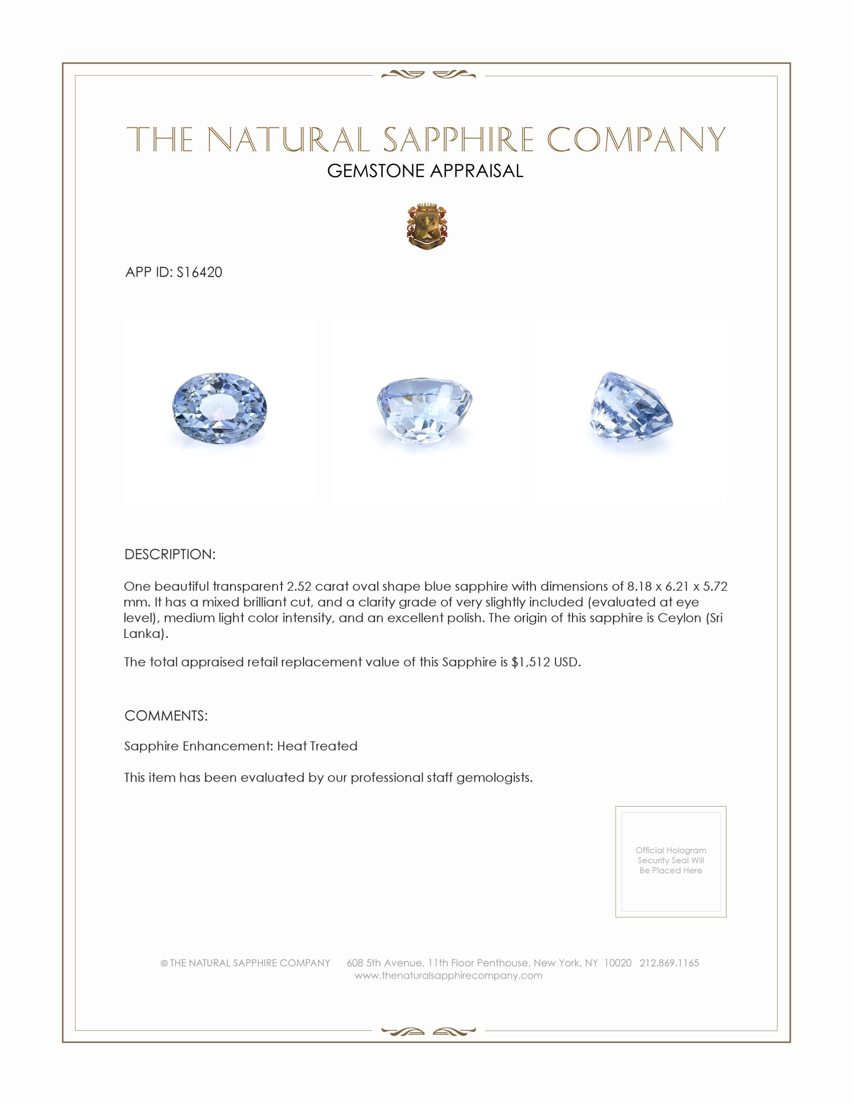 2.52 Ct. Blue Sapphire from Ceylon (Sri Lanka)