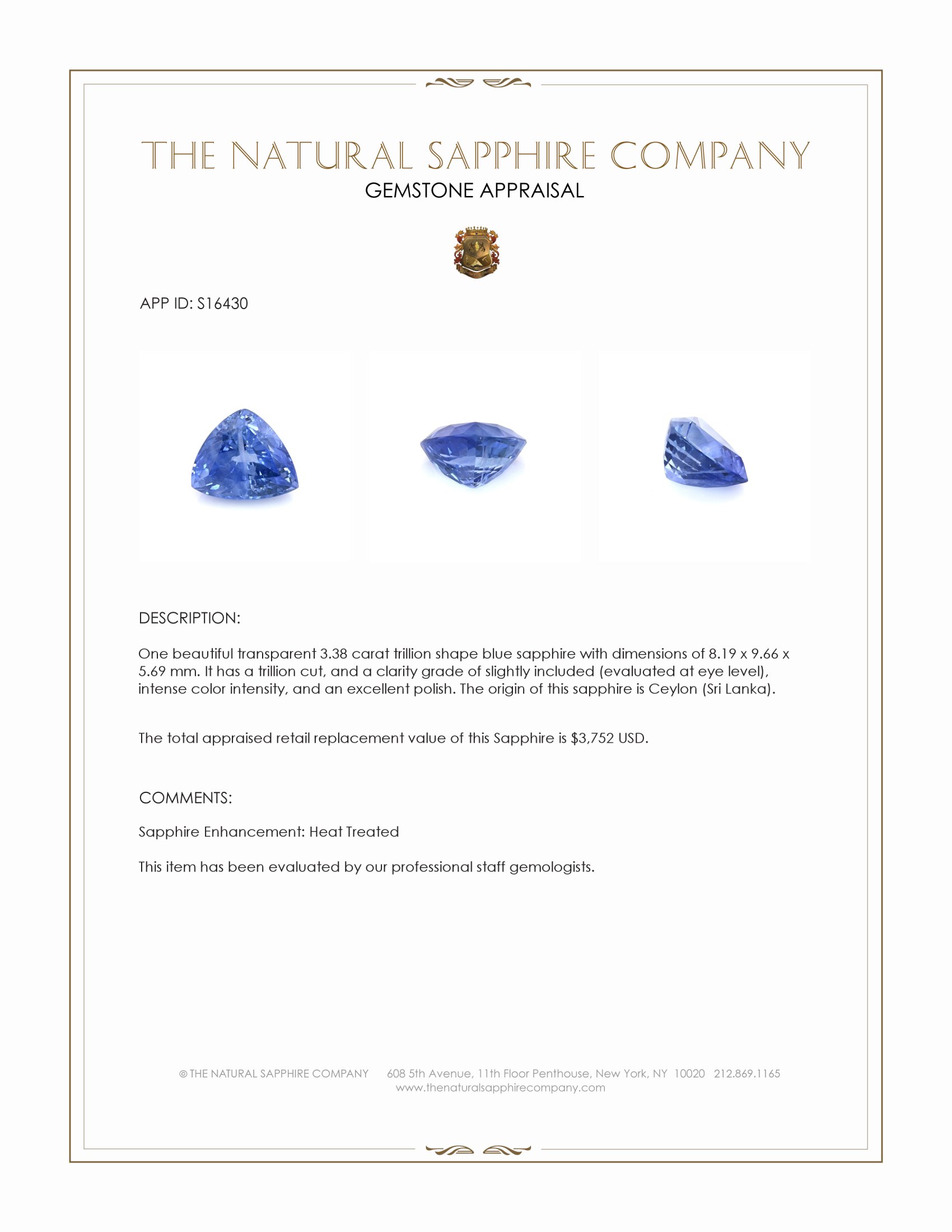 3.38 Ct. Blue Sapphire from Ceylon (Sri Lanka)