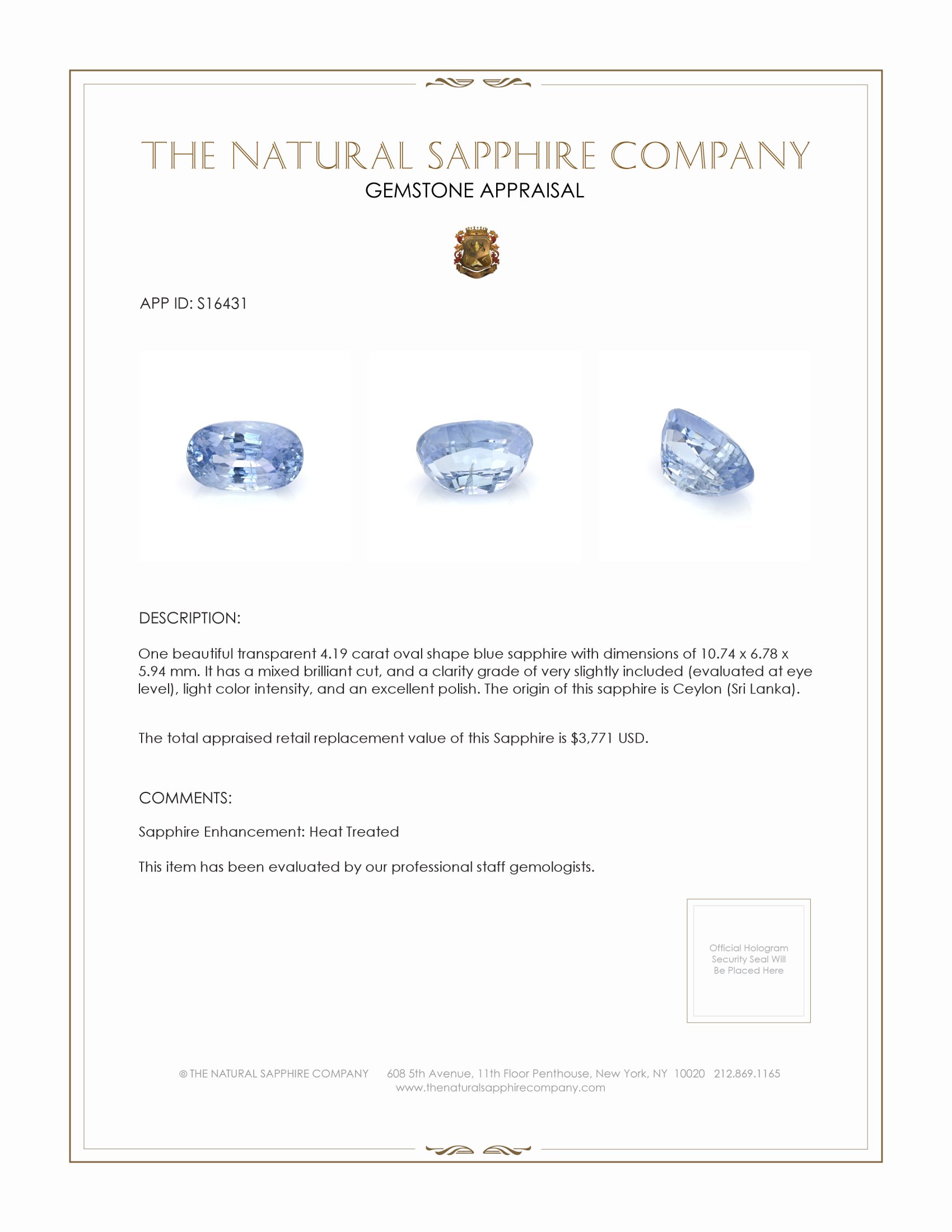 4.19 Ct. Blue Sapphire from Ceylon (Sri Lanka)