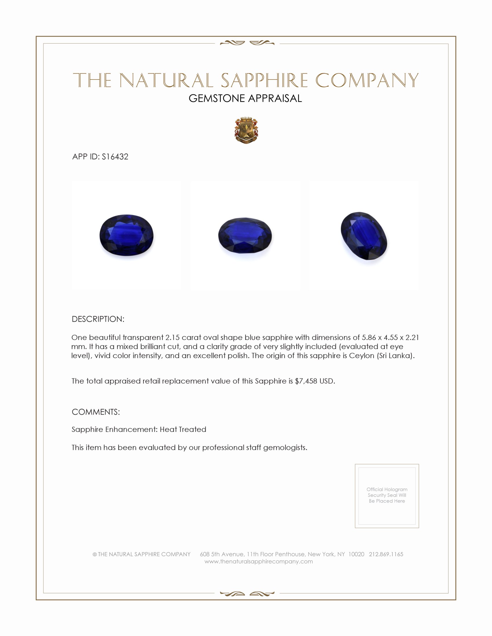 2.15 Ct. Blue Sapphire from Ceylon (Sri Lanka)