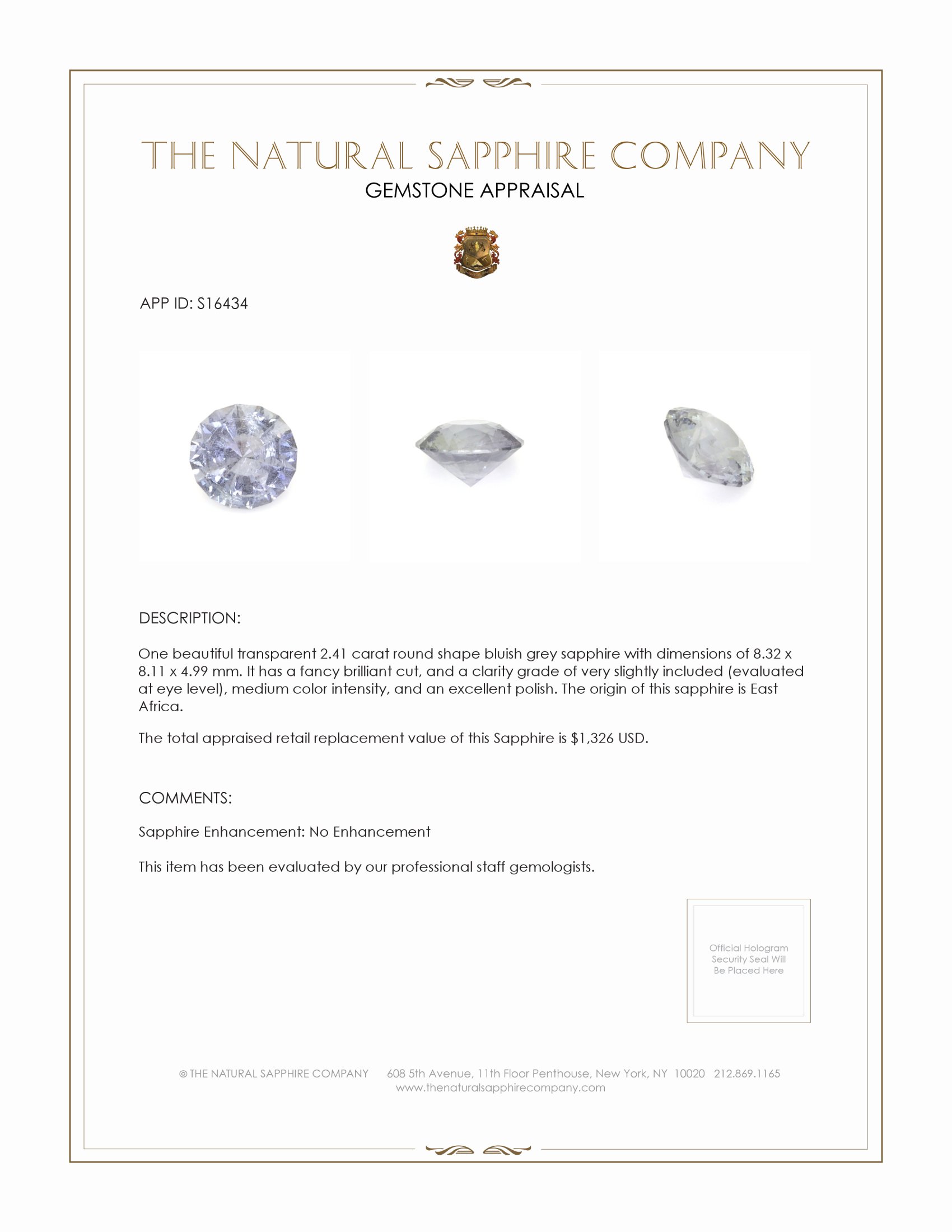 2.41 Ct. Bluish Grey Sapphire from East Africa