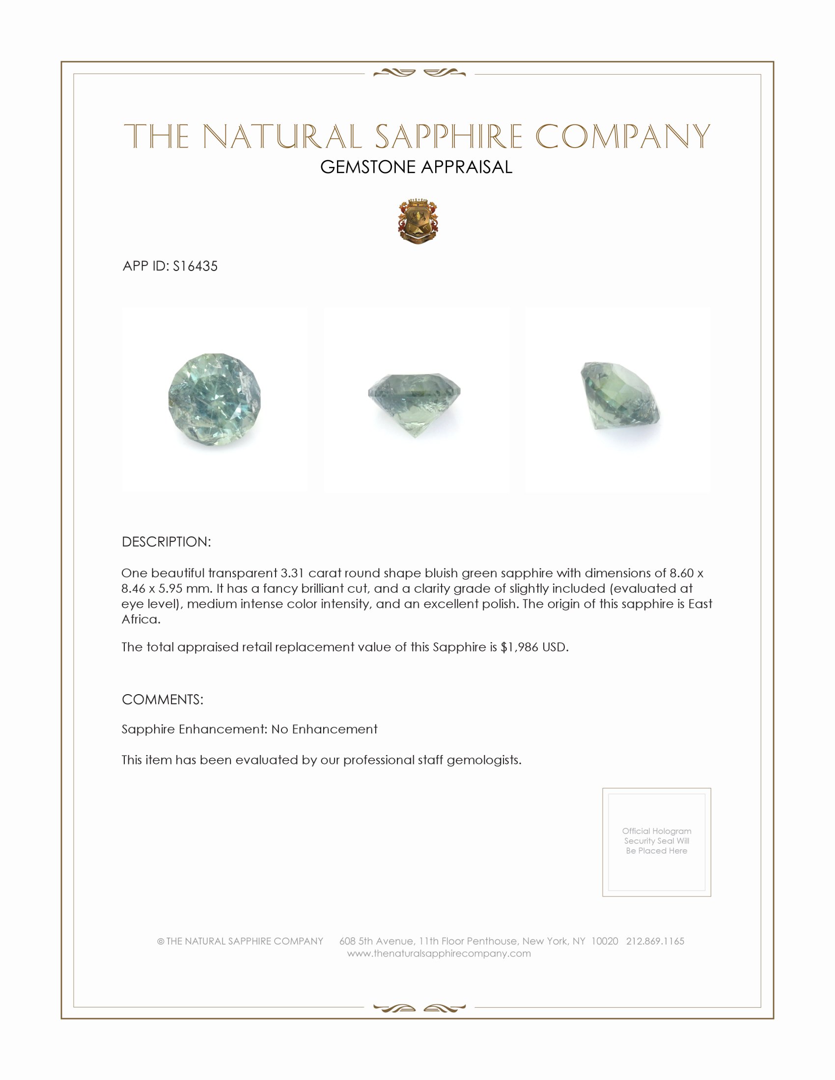 3.31 Ct. Bluish Green Sapphire from East Africa