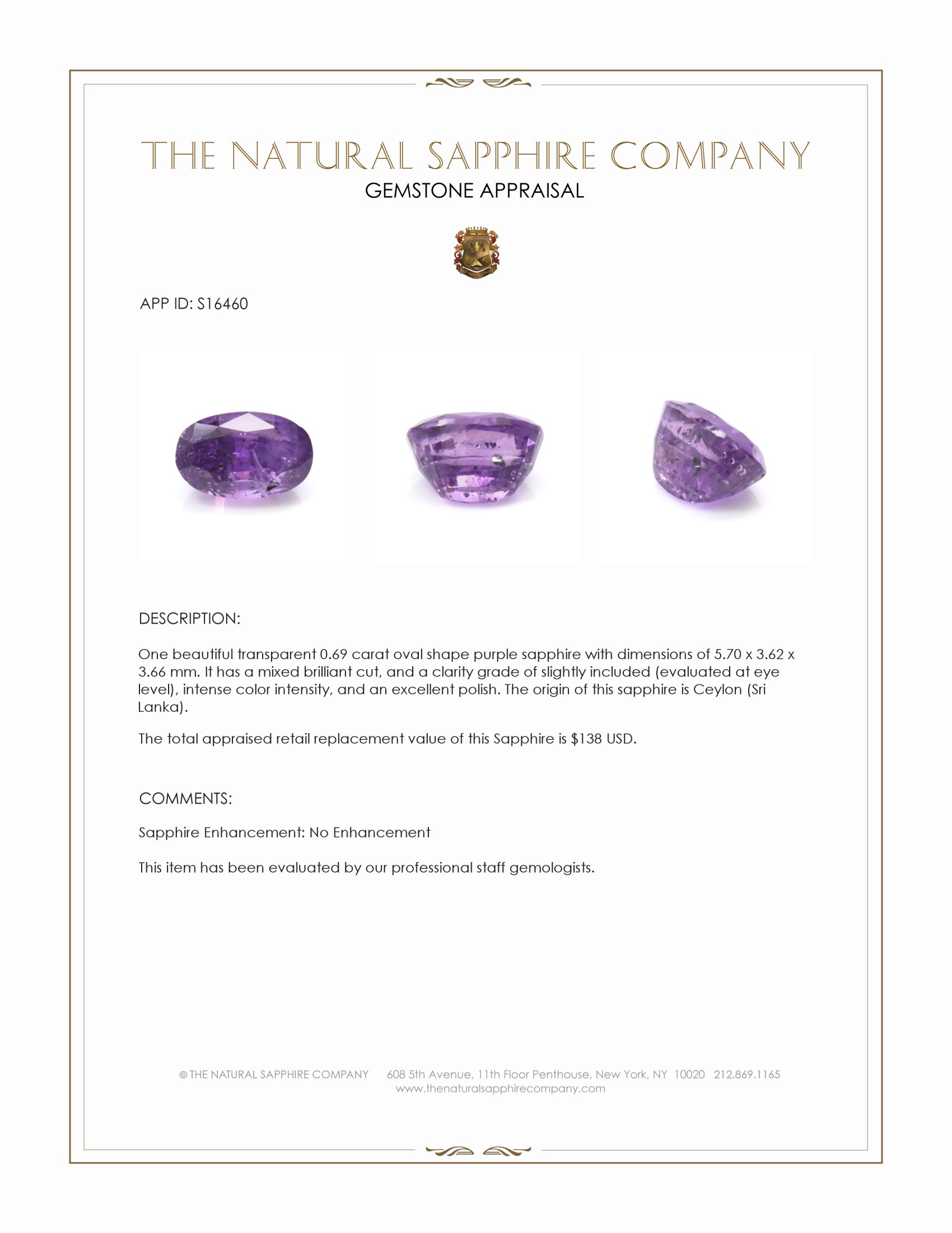 0.69 Ct. Purple Sapphire from Ceylon (Sri Lanka)