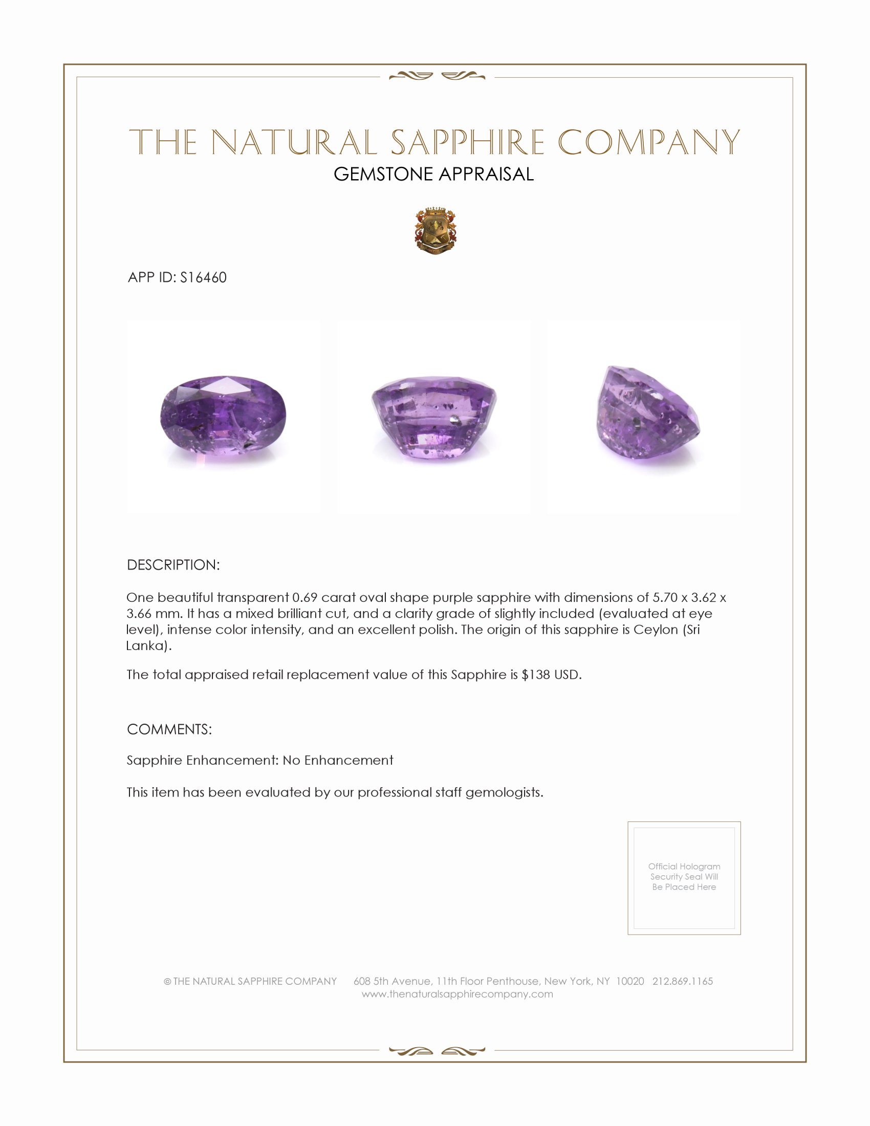 0.69 Ct. Purple Sapphire from Ceylon (Sri Lanka)