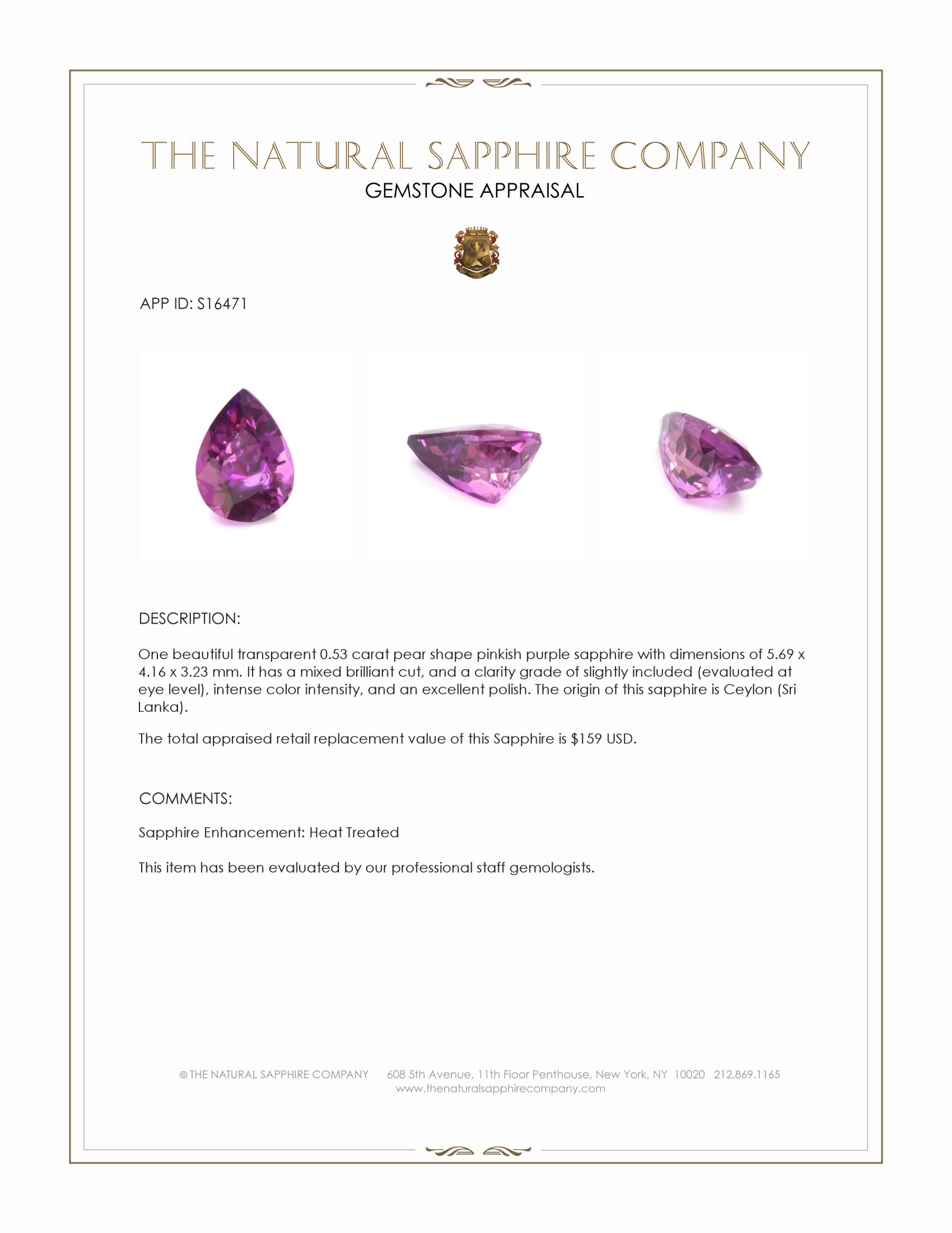 0.53 Ct. Pinkish Purple Sapphire from Ceylon (Sri Lanka)