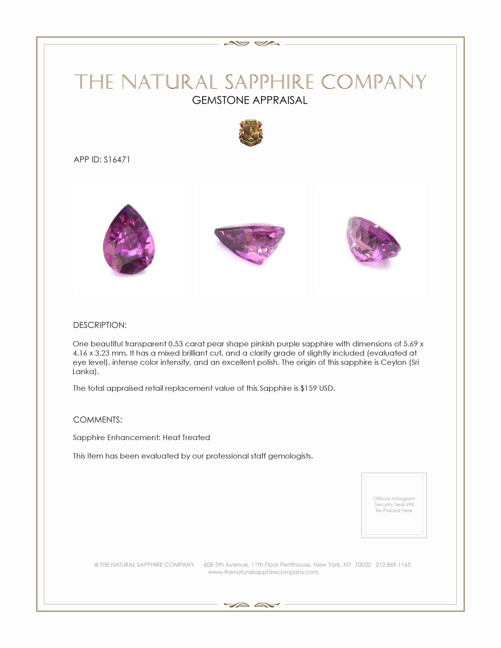 0.53 Ct. Pinkish Purple Sapphire from Ceylon (Sri Lanka)