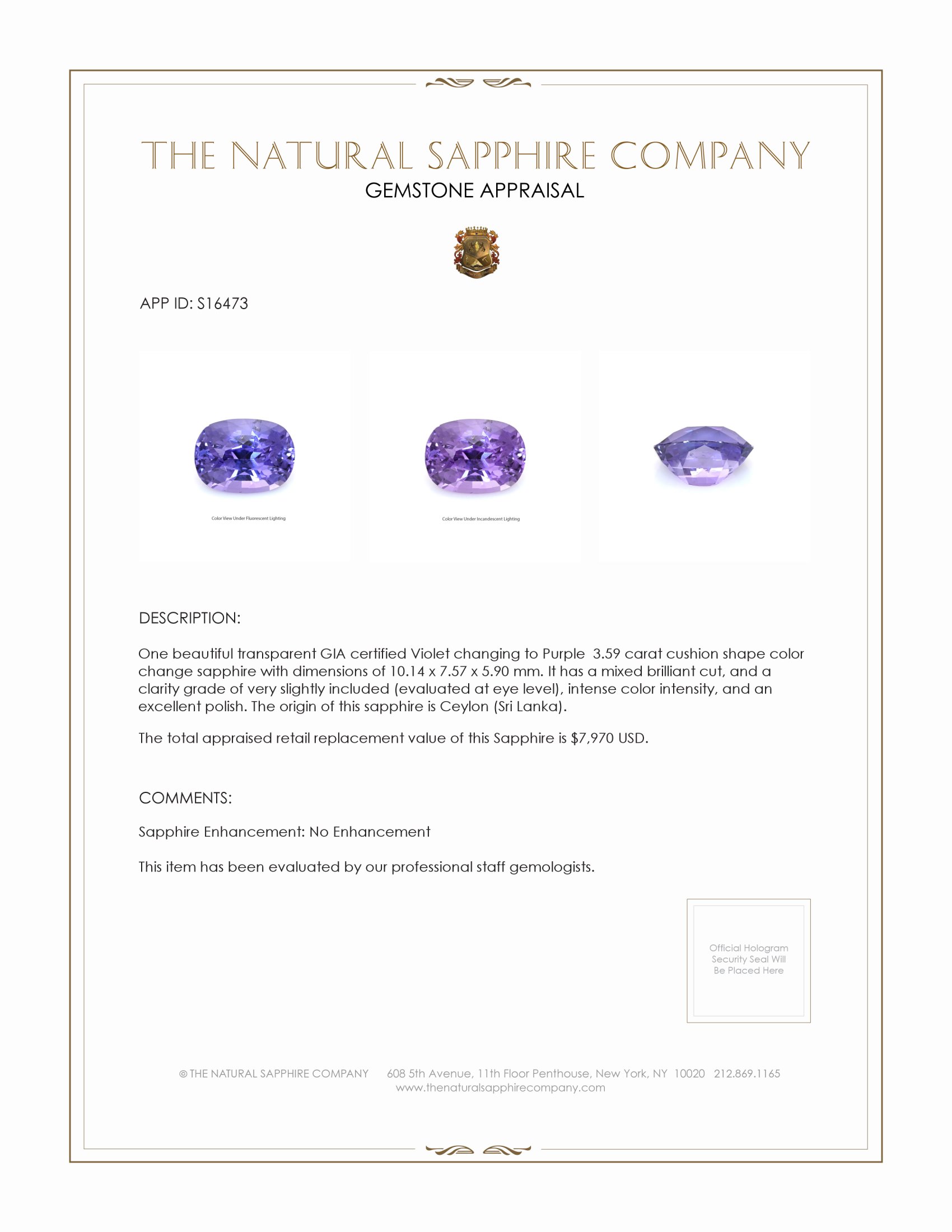 3.59 Ct. Color Change Sapphire from Ceylon (Sri Lanka)