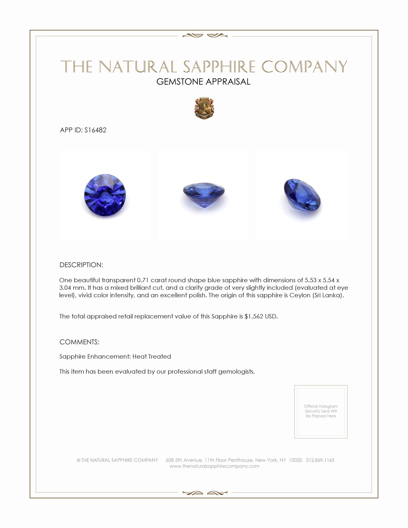 0.71 Ct. Blue Sapphire from Ceylon (Sri Lanka)