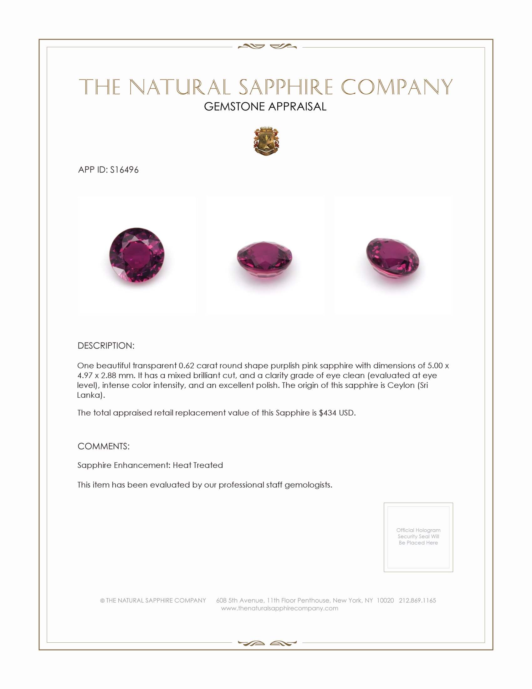 0.62 Ct. Purplish Pink Sapphire from Ceylon (Sri Lanka)