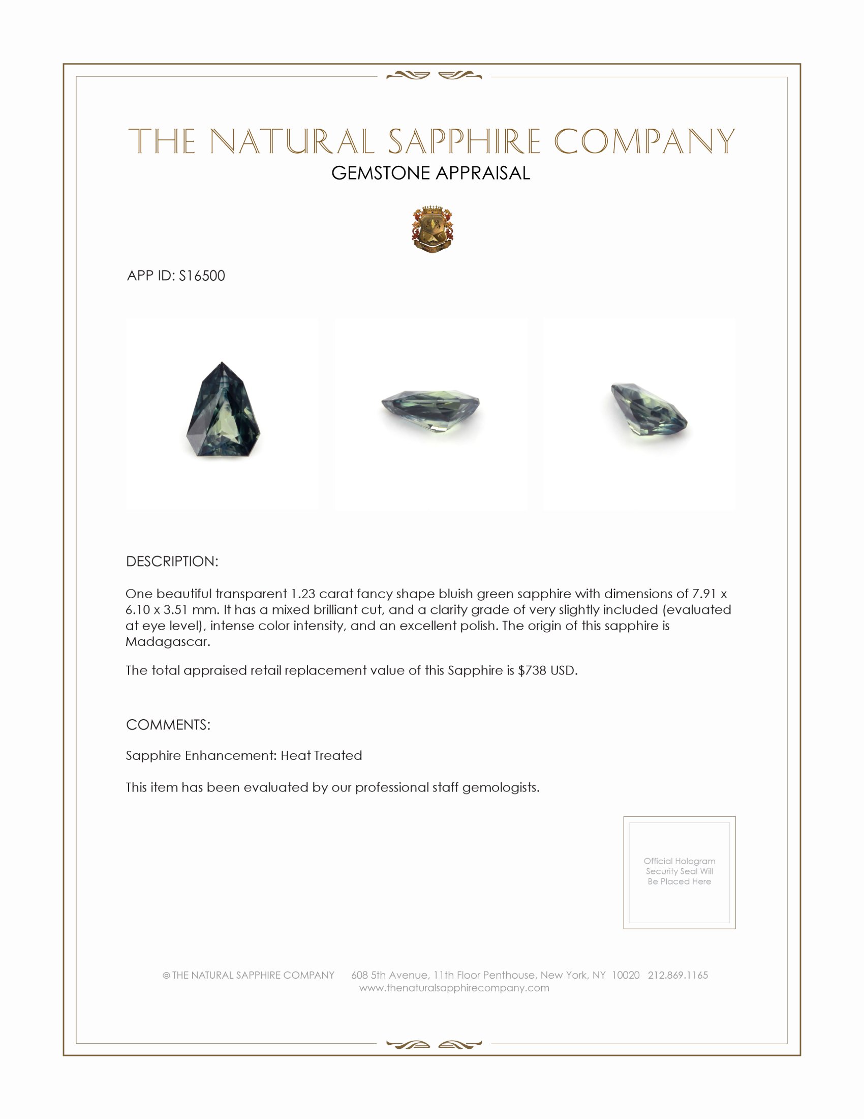 1.23 Ct. Bluish Green Sapphire from Madagascar