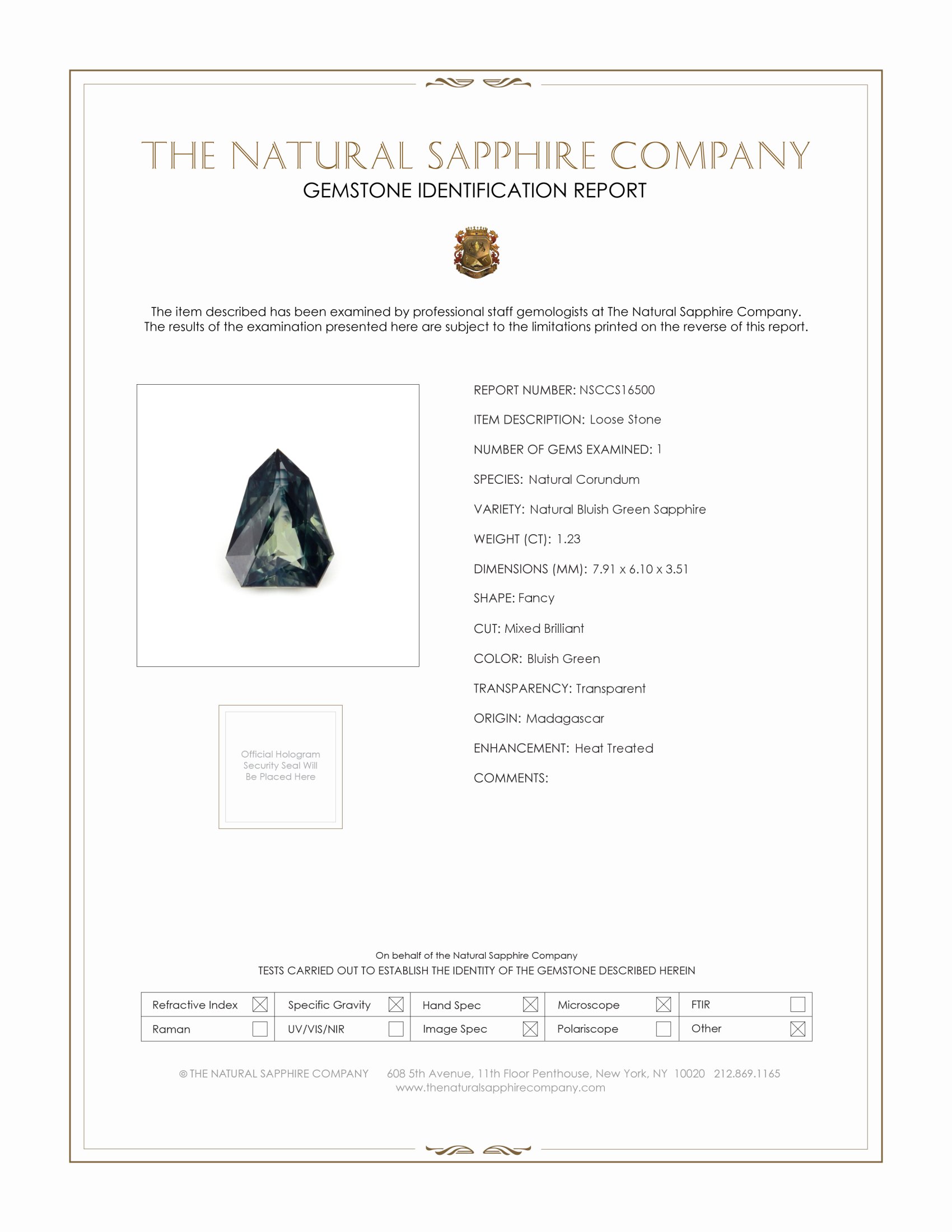 1.23 Ct. Bluish Green Sapphire from Madagascar