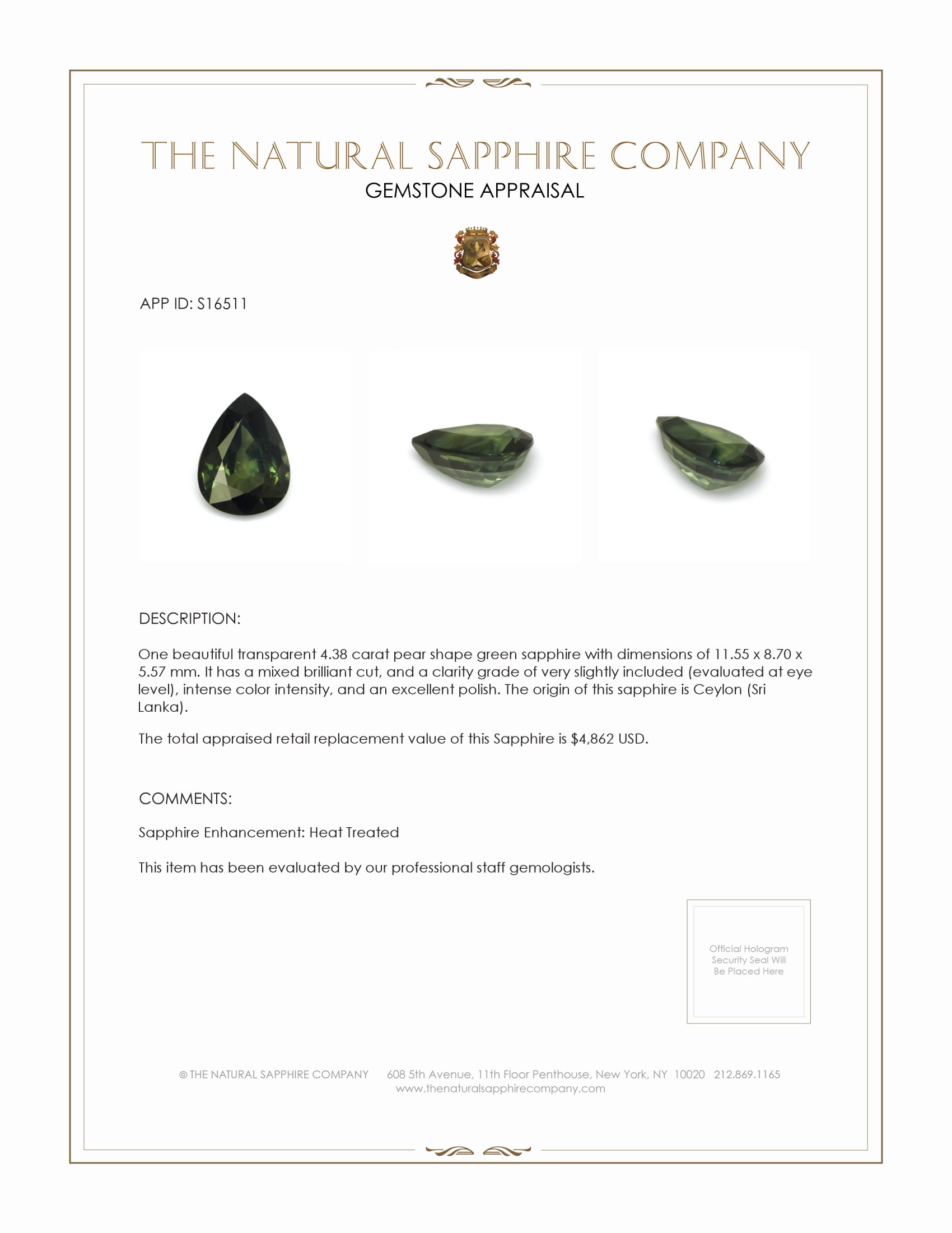 4.38 Ct. Green Sapphire from Ceylon (Sri Lanka)