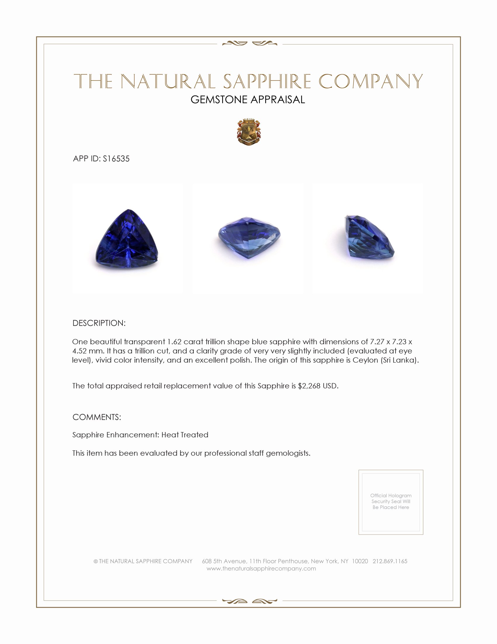 1.62 Ct. Blue Sapphire from Ceylon (Sri Lanka)
