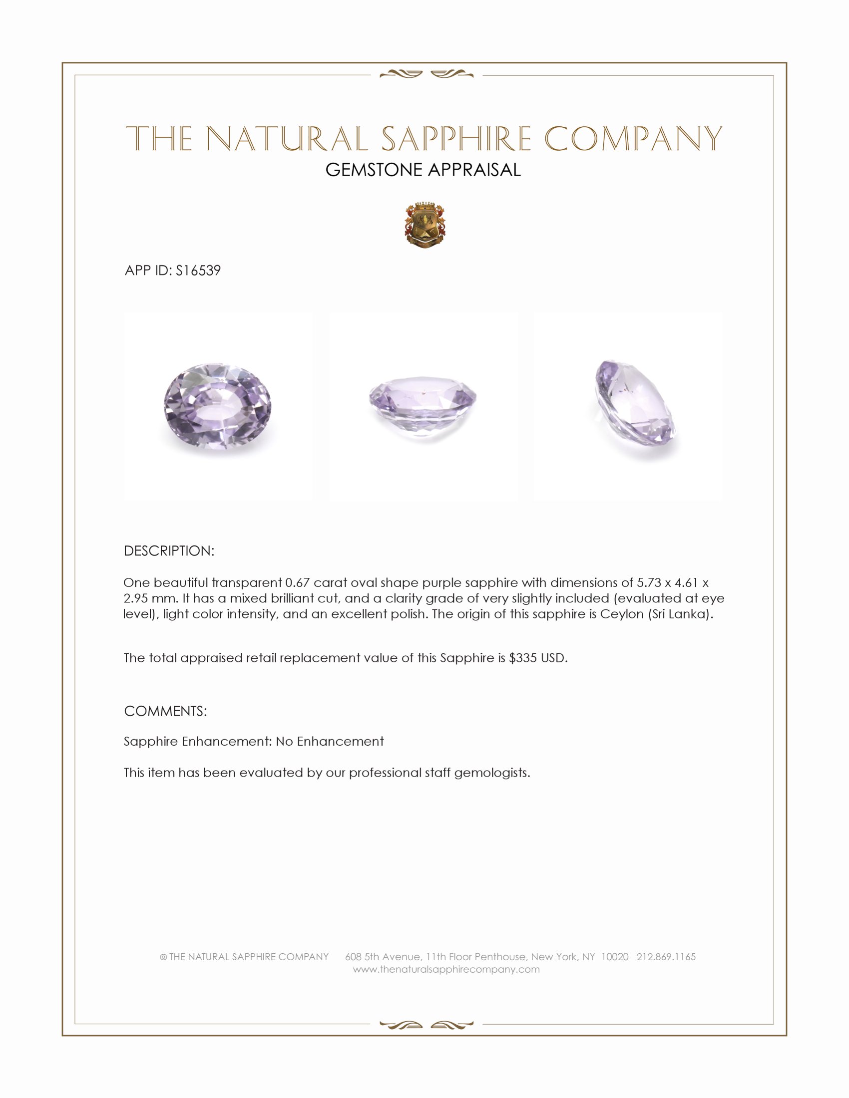 0.67 Ct. Purple Sapphire from Ceylon (Sri Lanka)