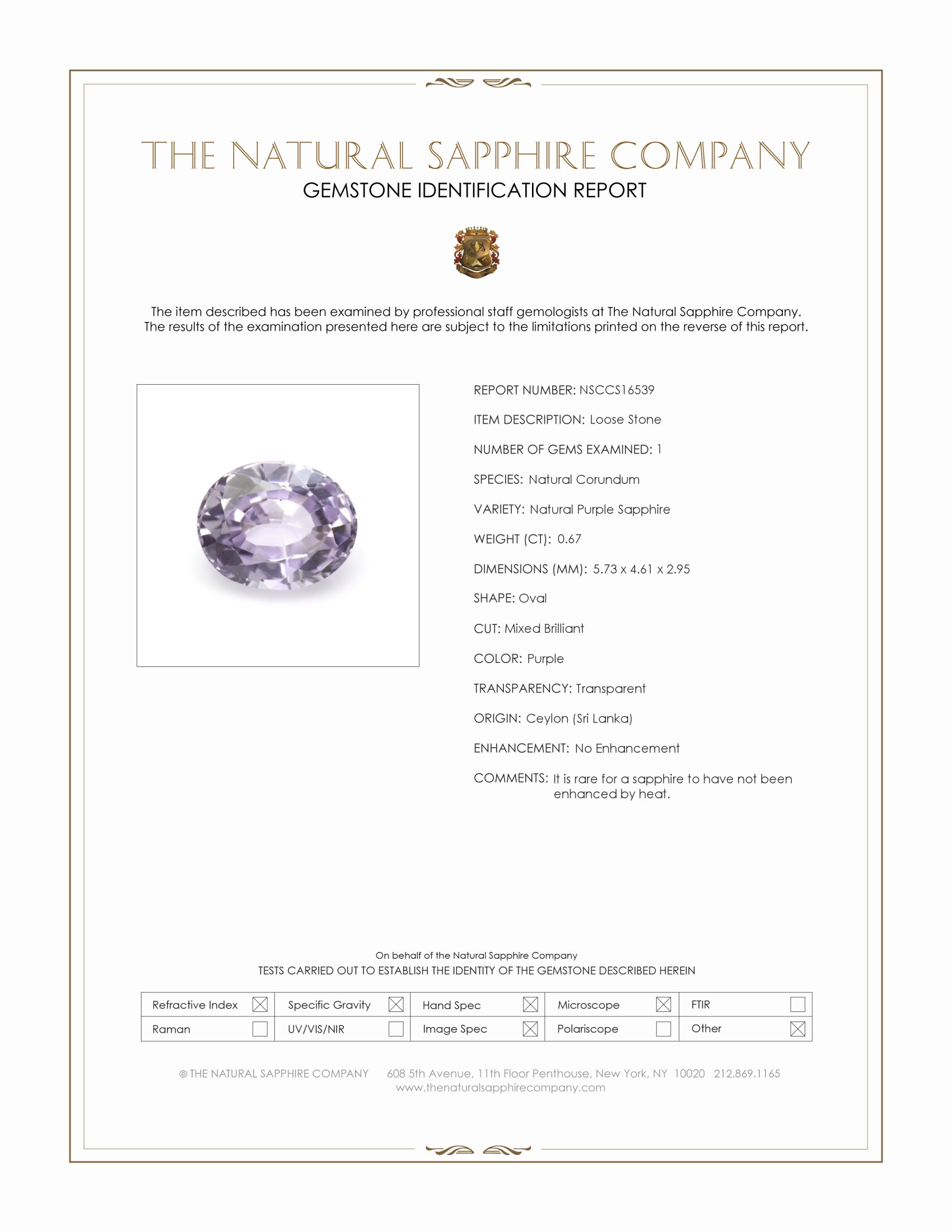0.67 Ct. Purple Sapphire from Ceylon (Sri Lanka)