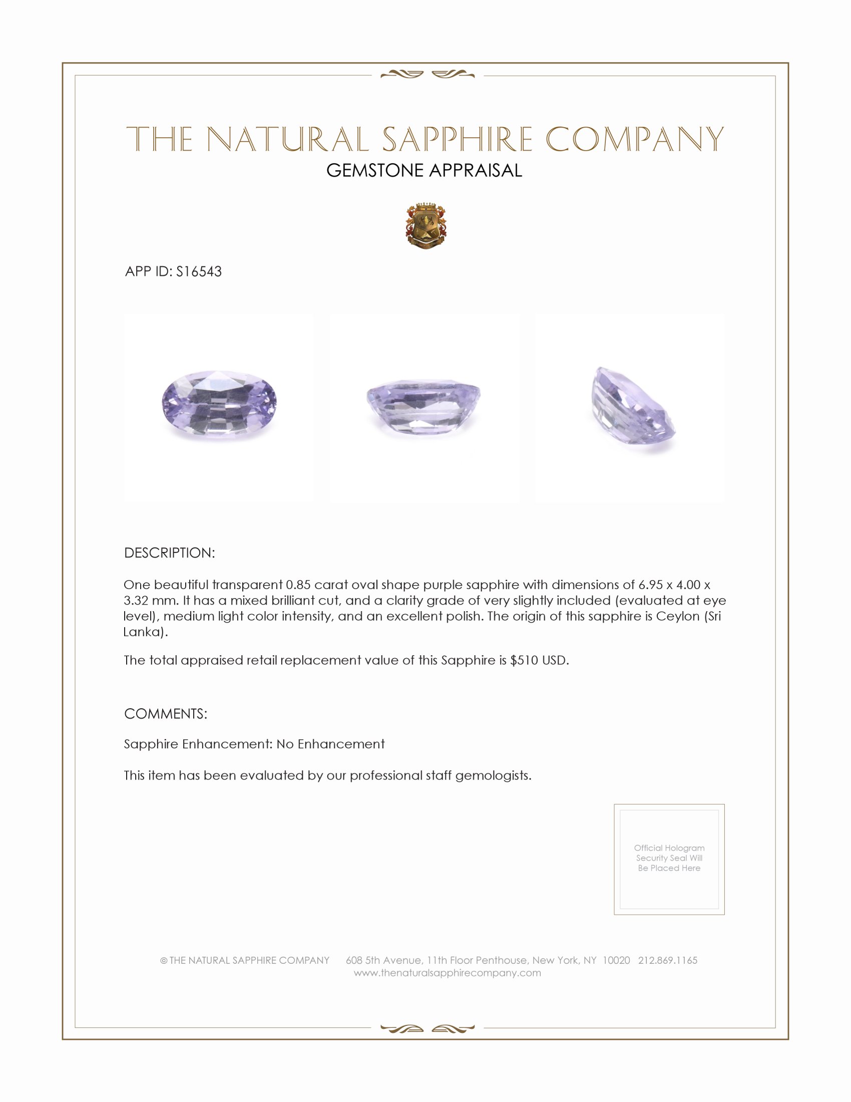 0.85 Ct. Purple Sapphire from Ceylon (Sri Lanka)
