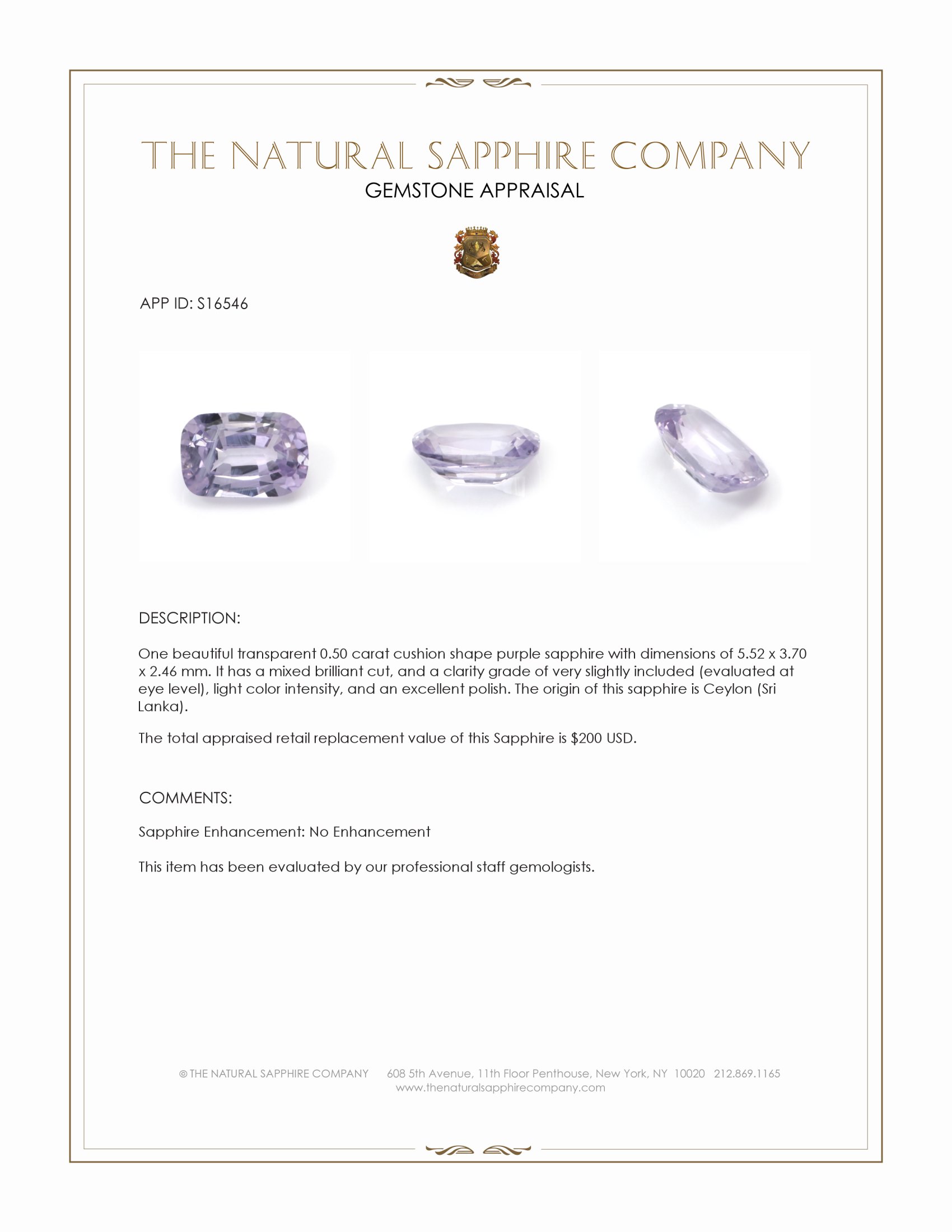 0.50 Ct. Purple Sapphire from Ceylon (Sri Lanka)