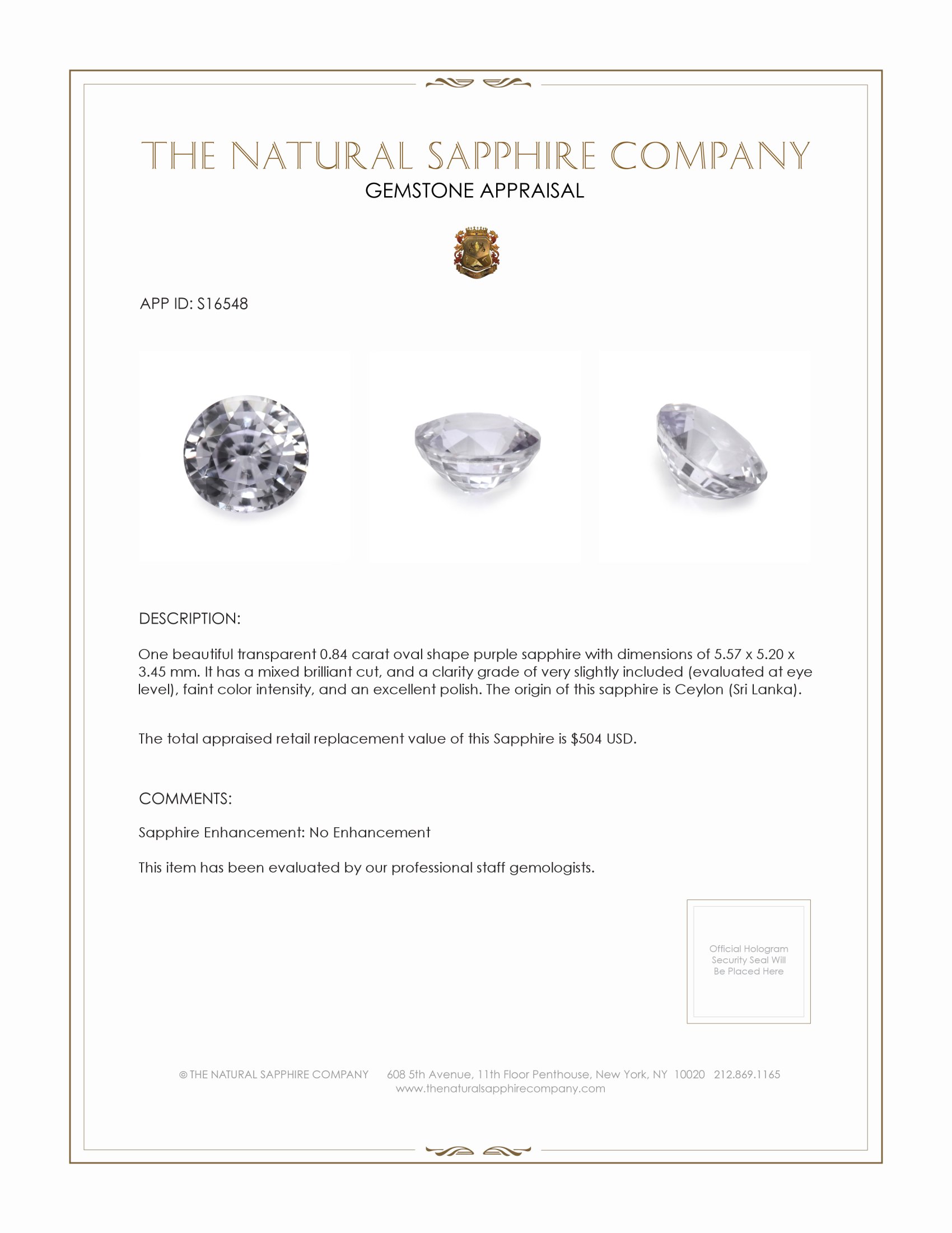 0.84 Ct. Purple Sapphire from Ceylon (Sri Lanka)