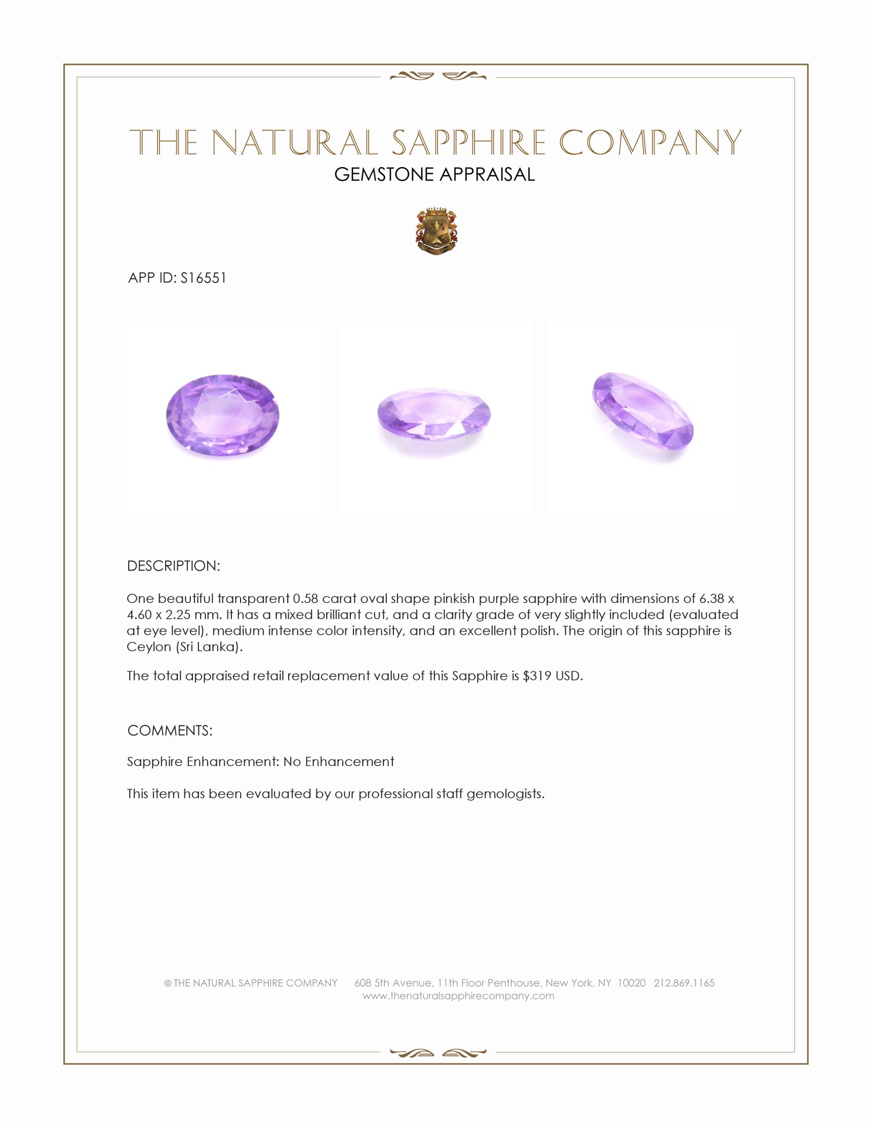 0.58 Ct. Pinkish Purple Sapphire from Ceylon (Sri Lanka)